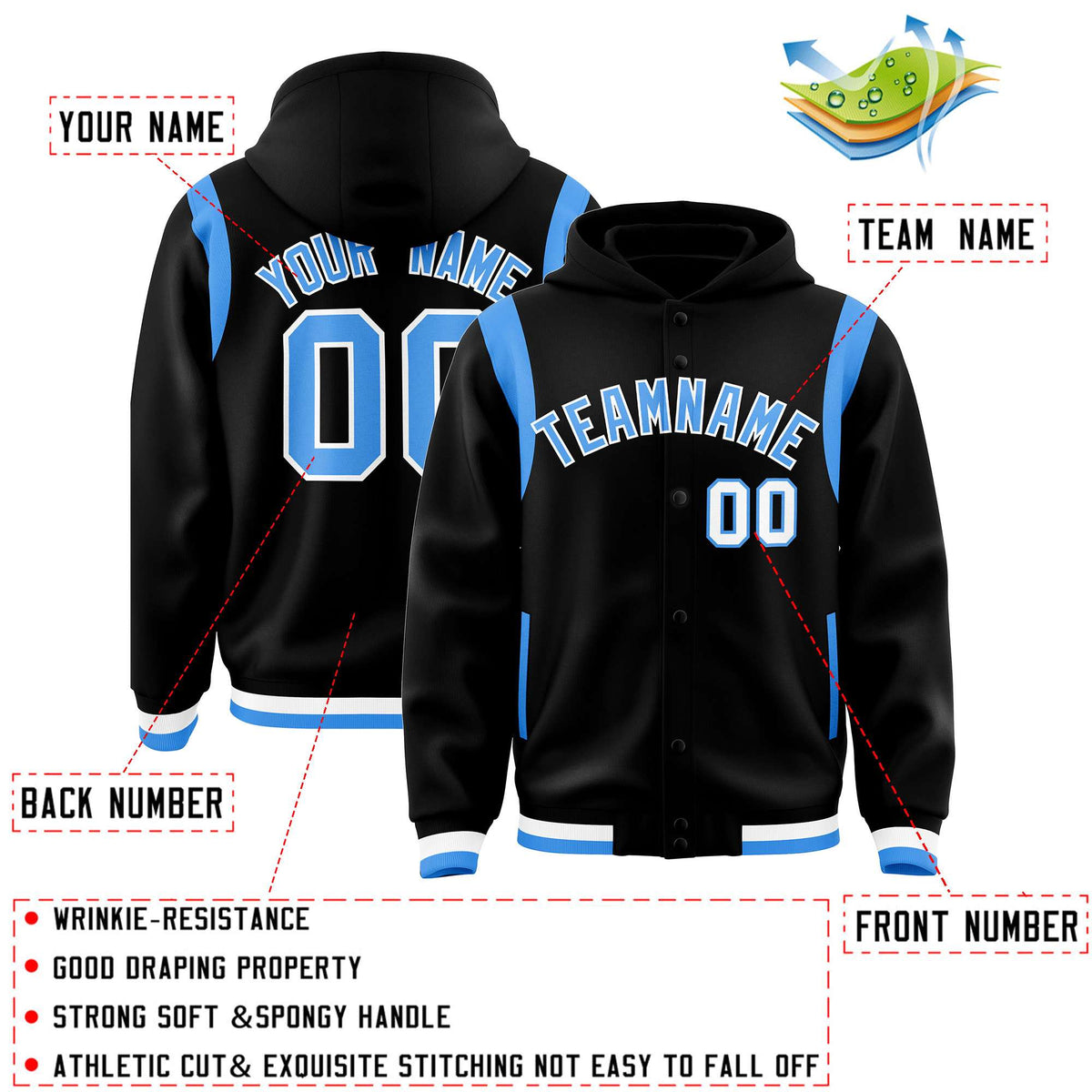 Custom Black Powder Blue Varsity Full-Snap Letterman Shoulder Color Block Jacket Hoodie| KXKSHOP