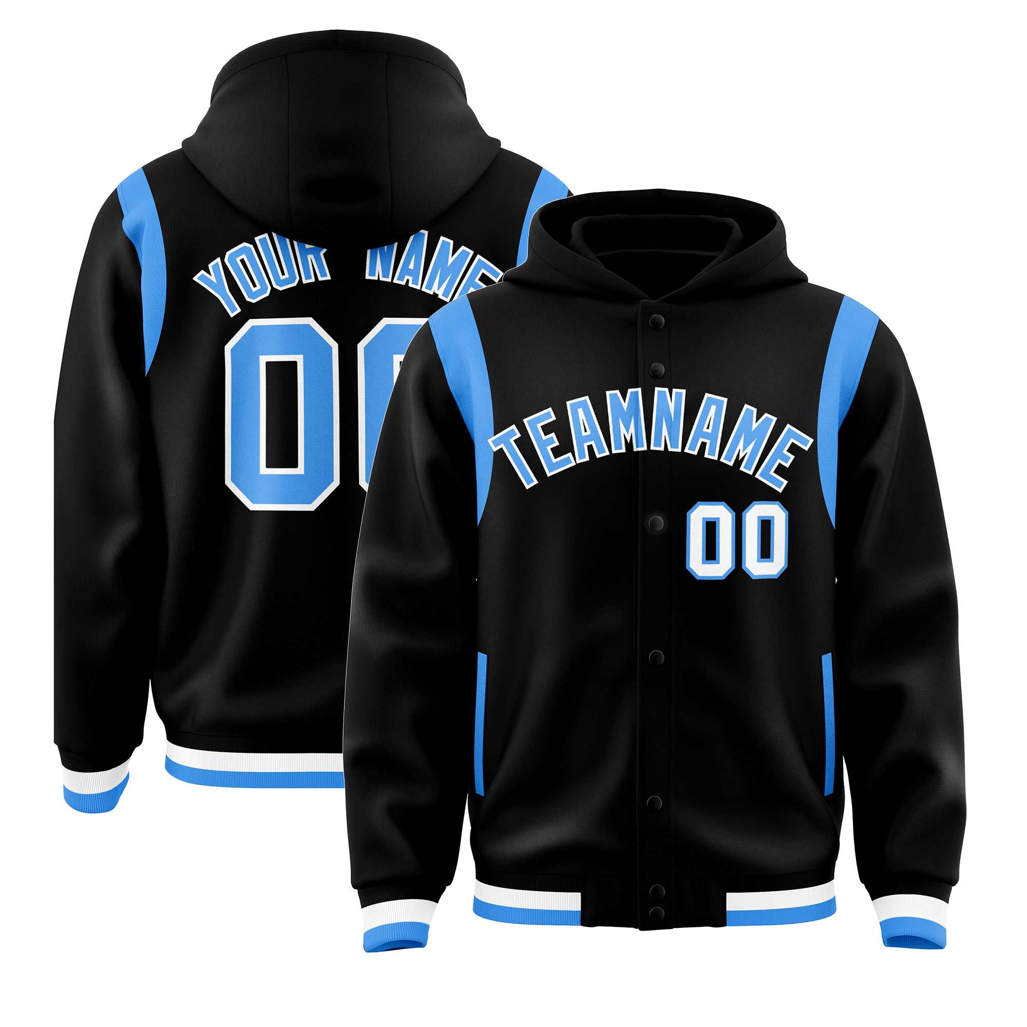 Custom Black Powder Blue Varsity Full-Snap Letterman Shoulder Color Block Jacket Hoodie| KXKSHOP