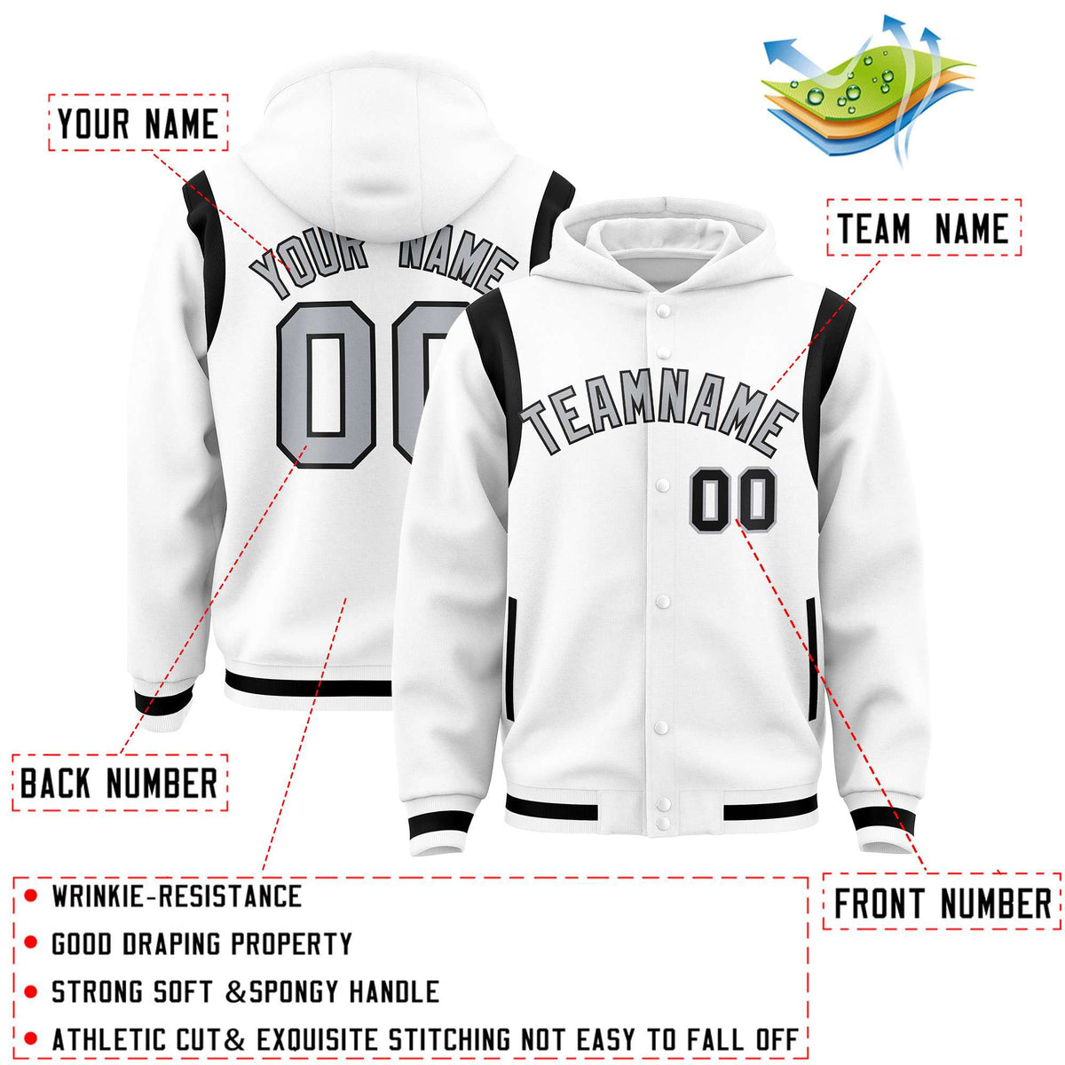 Custom White Silver Varsity Full-Snap Letterman Shoulder Color Block Jacket Hoodie| KXKSHOP