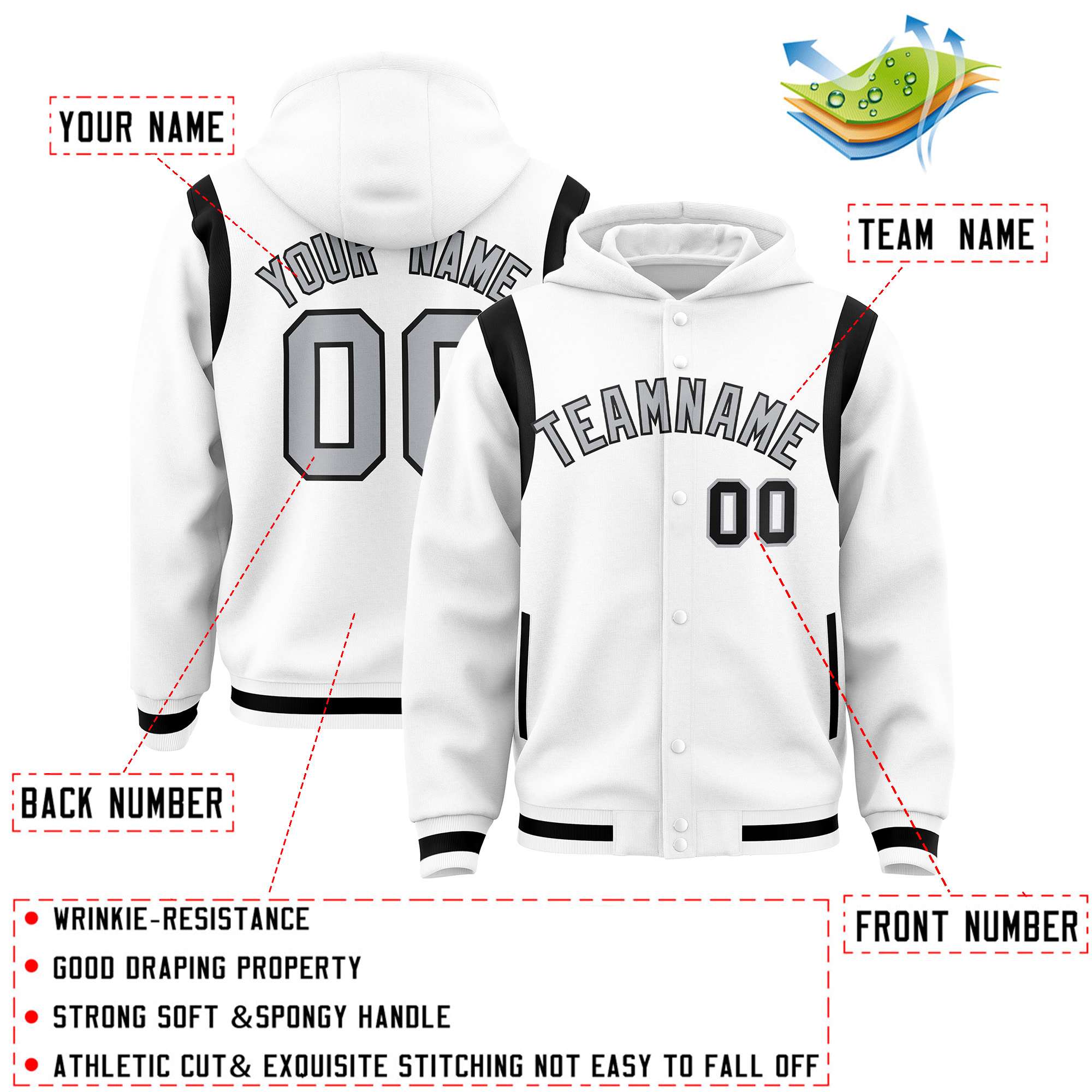 Custom White Silver Varsity Full-Snap Letterman Shoulder Color Block Jacket Hoodie| KXKSHOP