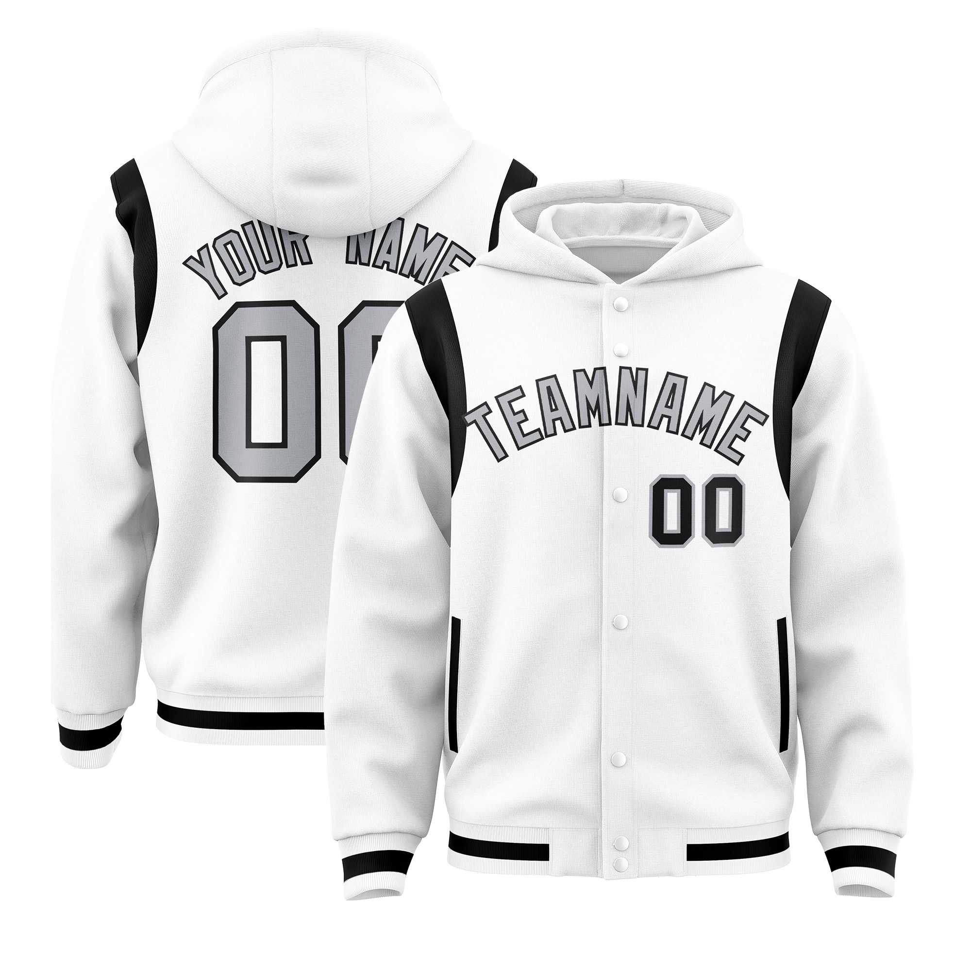 Custom White Silver Varsity Full-Snap Letterman Shoulder Color Block Jacket Hoodie| KXKSHOP