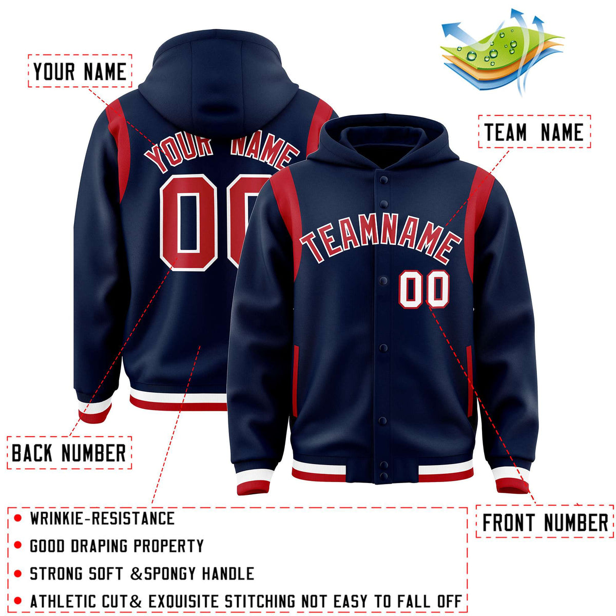 Custom Navy Red Varsity Full-Snap Letterman Shoulder Color Block Jacket Hoodie| KXKSHOP