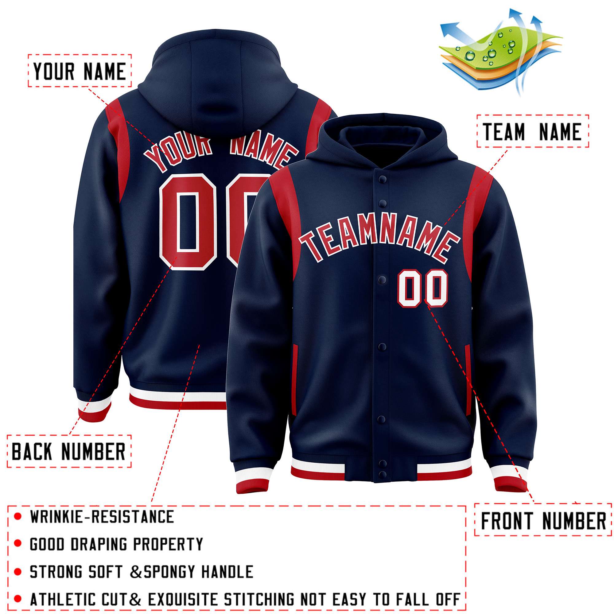 Custom Navy Red Varsity Full-Snap Letterman Shoulder Color Block Jacket Hoodie| KXKSHOP