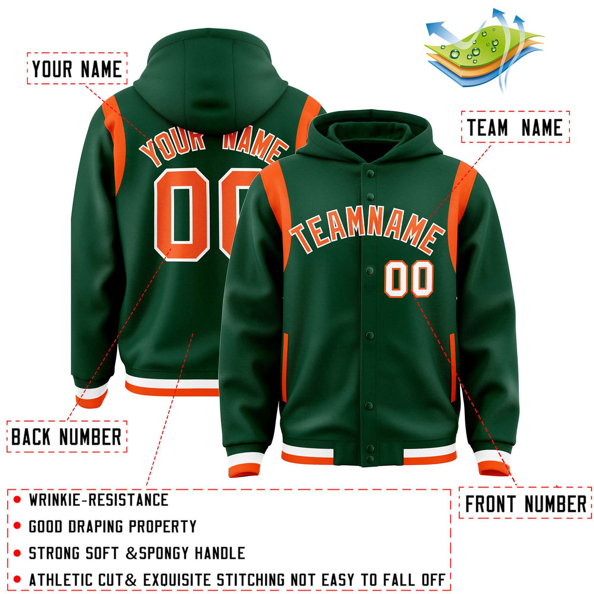 Custom Green Orange Varsity Full-Snap Letterman Shoulder Color Block Jacket Hoodie| KXKSHOP