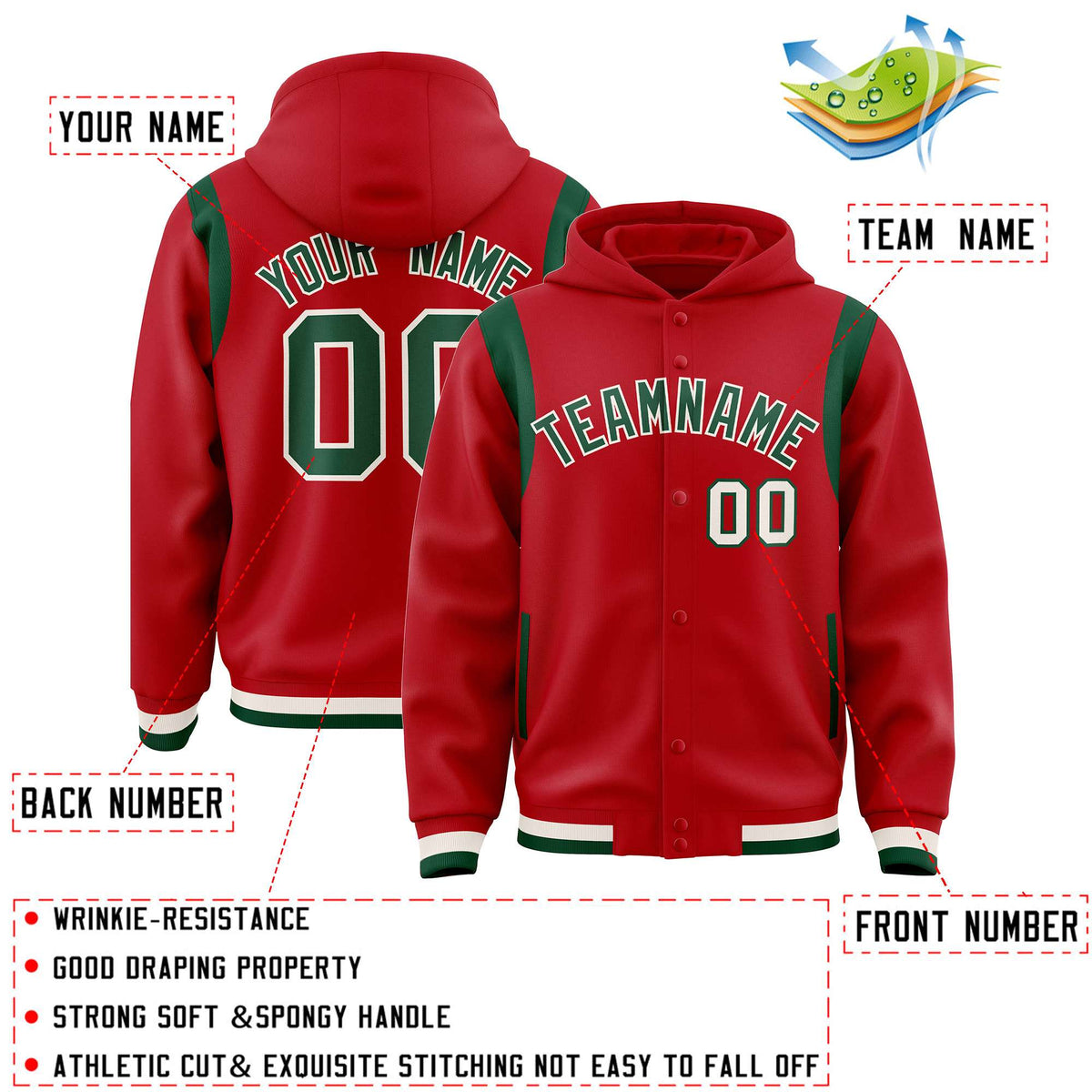 Custom Red Green Varsity Full-Snap Letterman Shoulder Color Block Jacket Hoodie| KXKSHOP