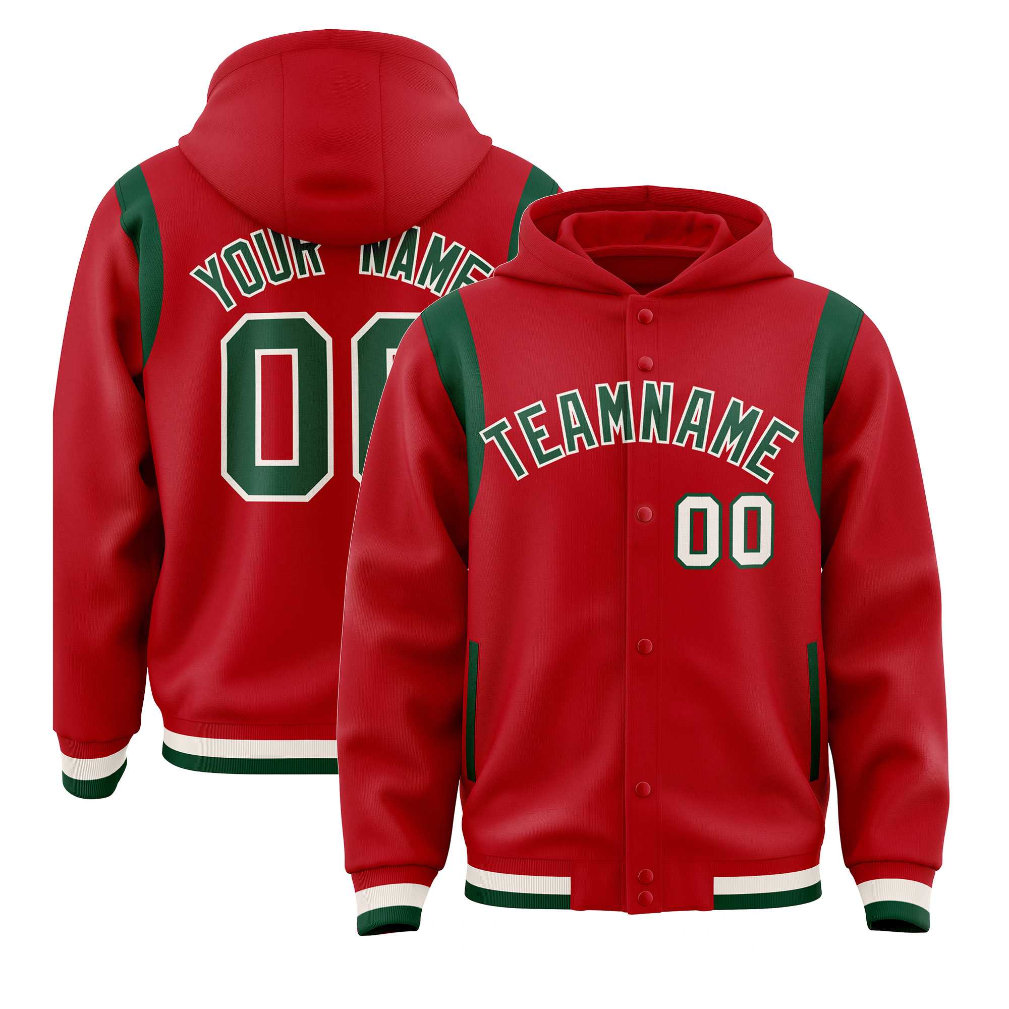 Custom Red Green Varsity Full-Snap Letterman Shoulder Color Block Jacket Hoodie| KXKSHOP
