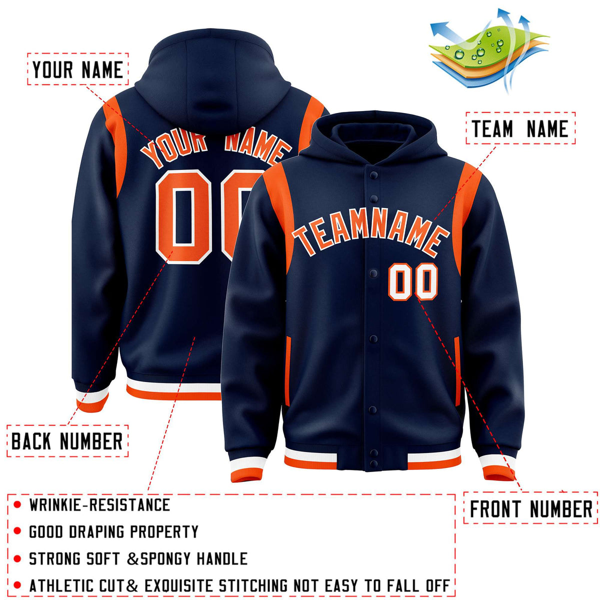Custom Navy Orange Varsity Full-Snap Letterman Shoulder Color Block Jacket Hoodie| KXKSHOP