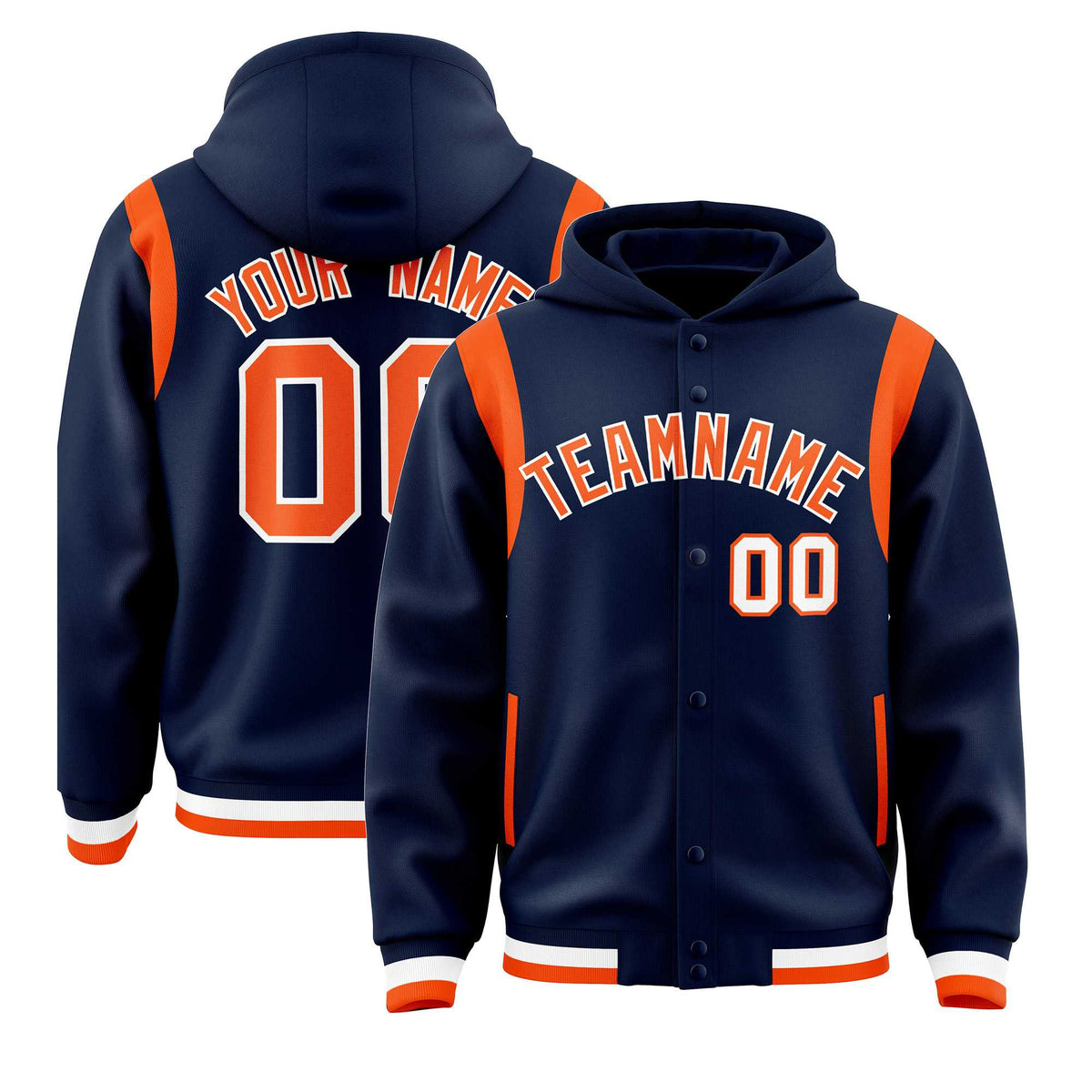 Custom Navy Orange Varsity Full-Snap Letterman Shoulder Color Block Jacket Hoodie| KXKSHOP