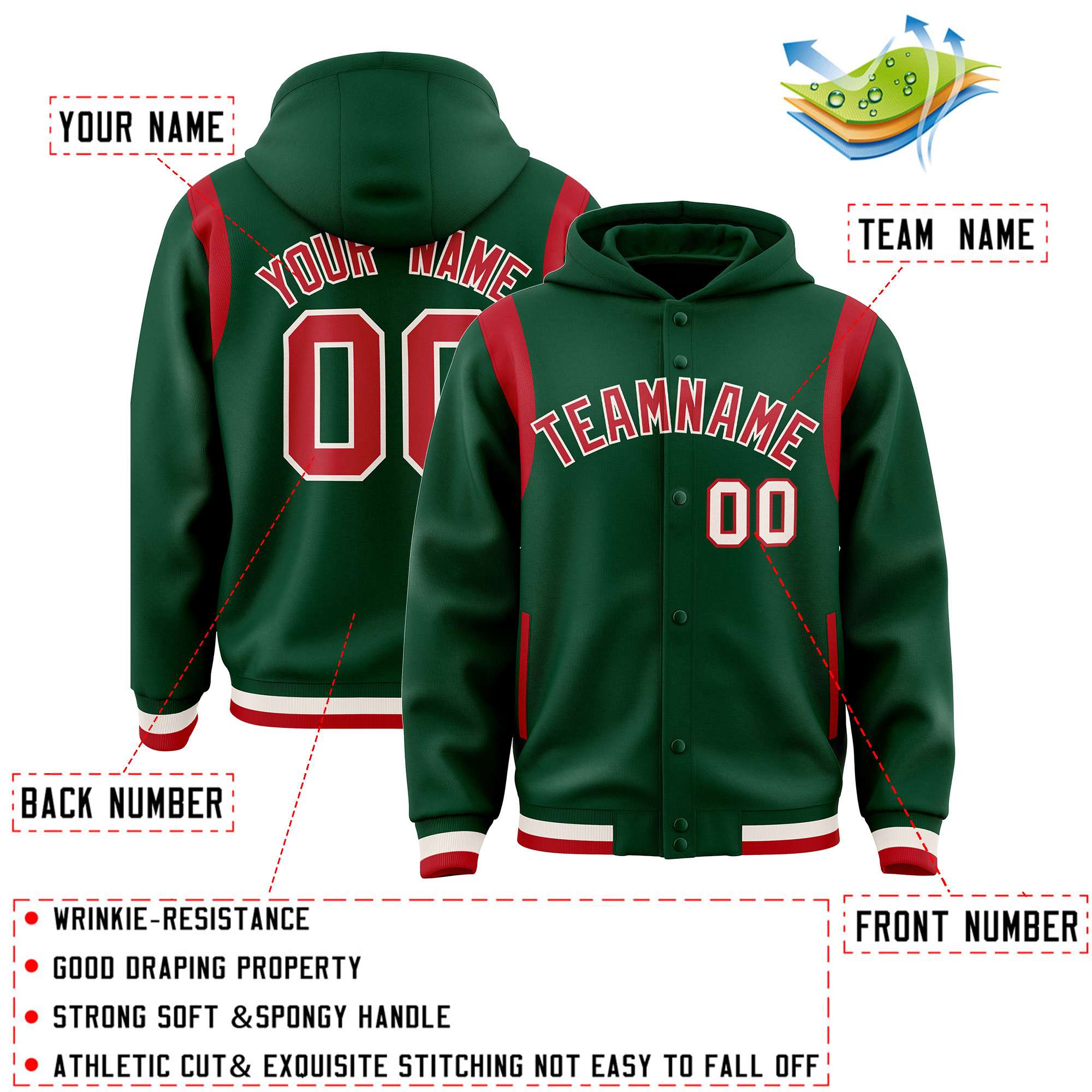 Custom Green Red Varsity Full-Snap Letterman Shoulder Color Block Jacket Hoodie| KXKSHOP