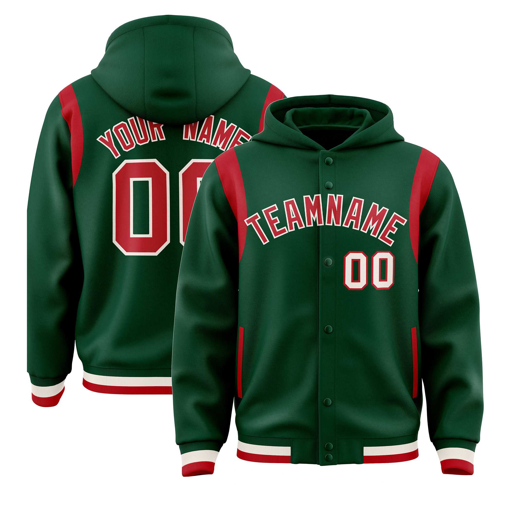 Custom Green Red Varsity Full-Snap Letterman Shoulder Color Block Jacket Hoodie| KXKSHOP