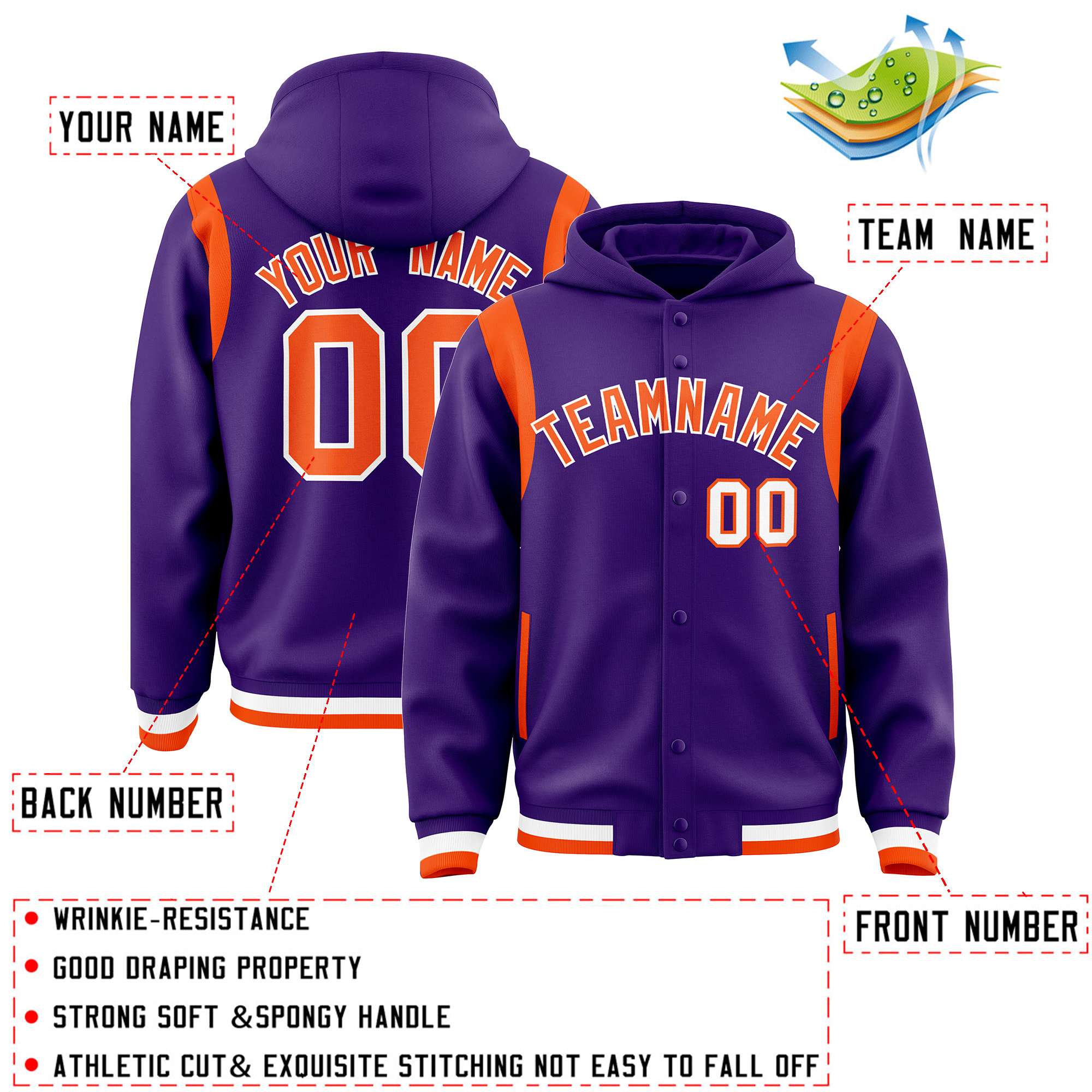 Custom Purple Orange Varsity Full-Snap Letterman Shoulder Color Block Jacket Hoodie| KXKSHOP