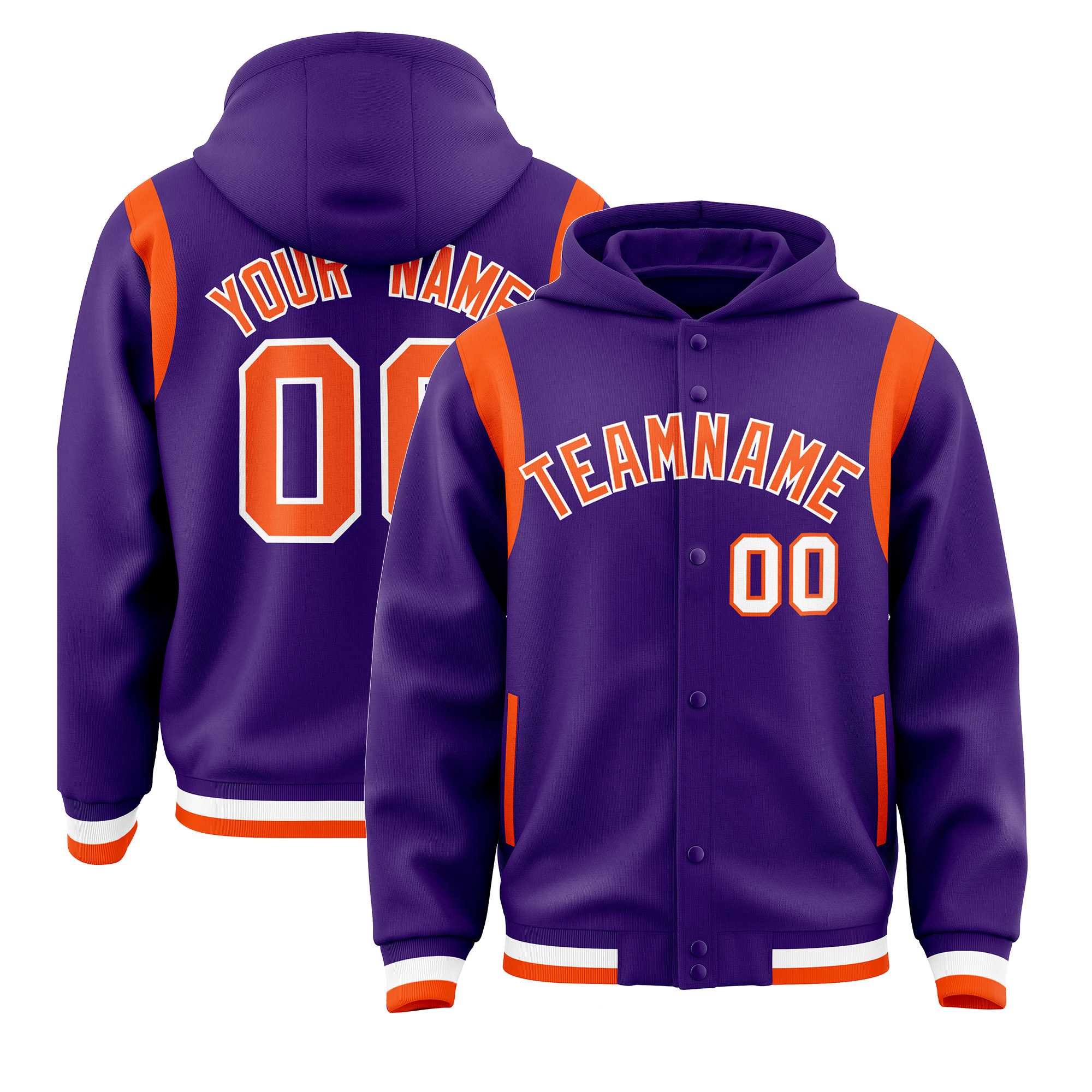 Custom Purple Orange Varsity Full-Snap Letterman Shoulder Color Block Jacket Hoodie| KXKSHOP