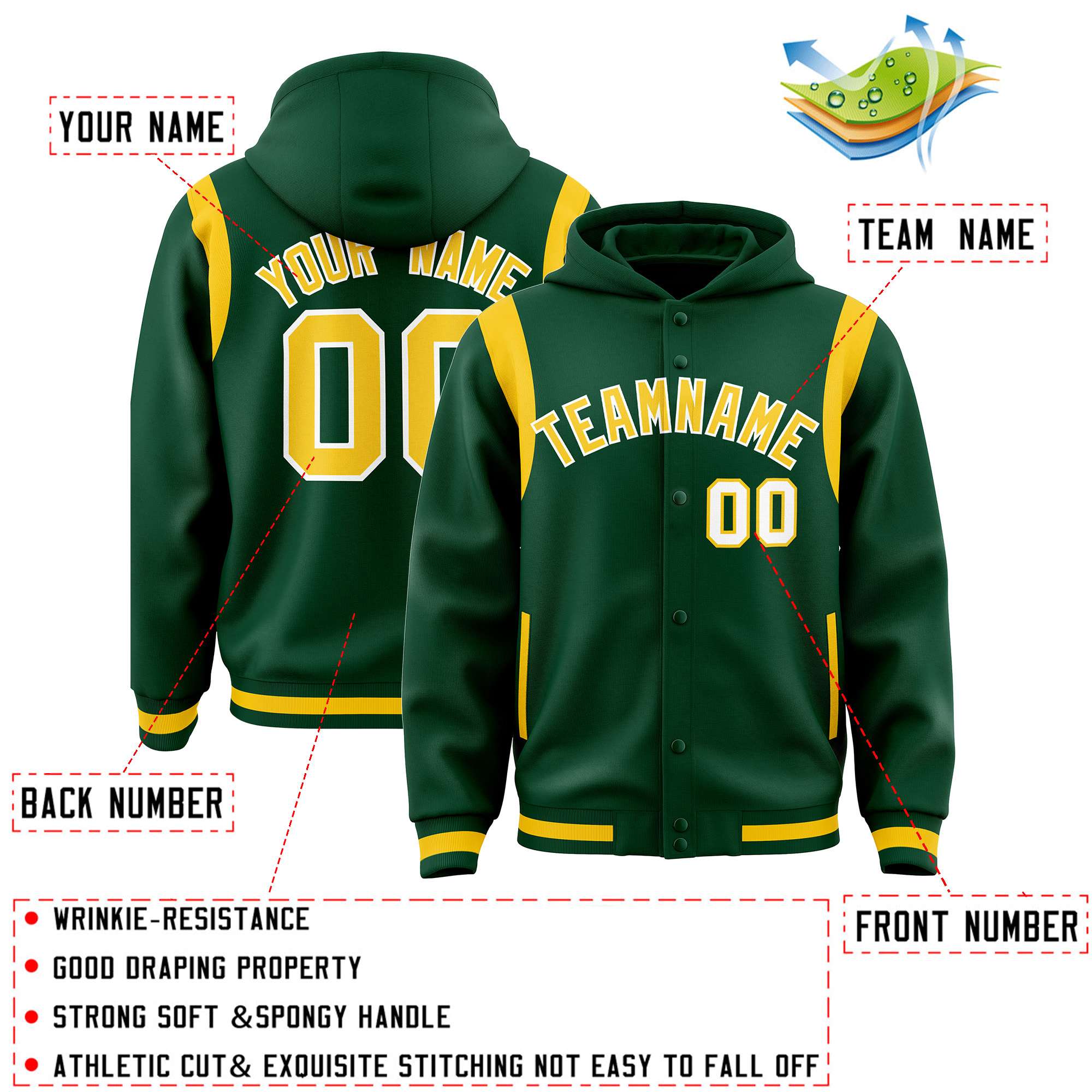 Custom Green Gold Varsity Full-Snap Letterman Shoulder Color Block Jacket Hoodie| KXKSHOP
