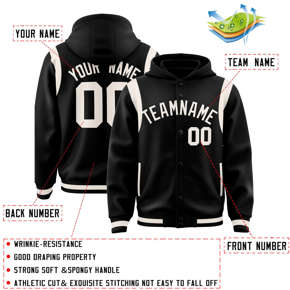 Custom Black Cream Varsity Full-Snap Letterman Shoulder Color Block Jacket Hoodie| KXKSHOP