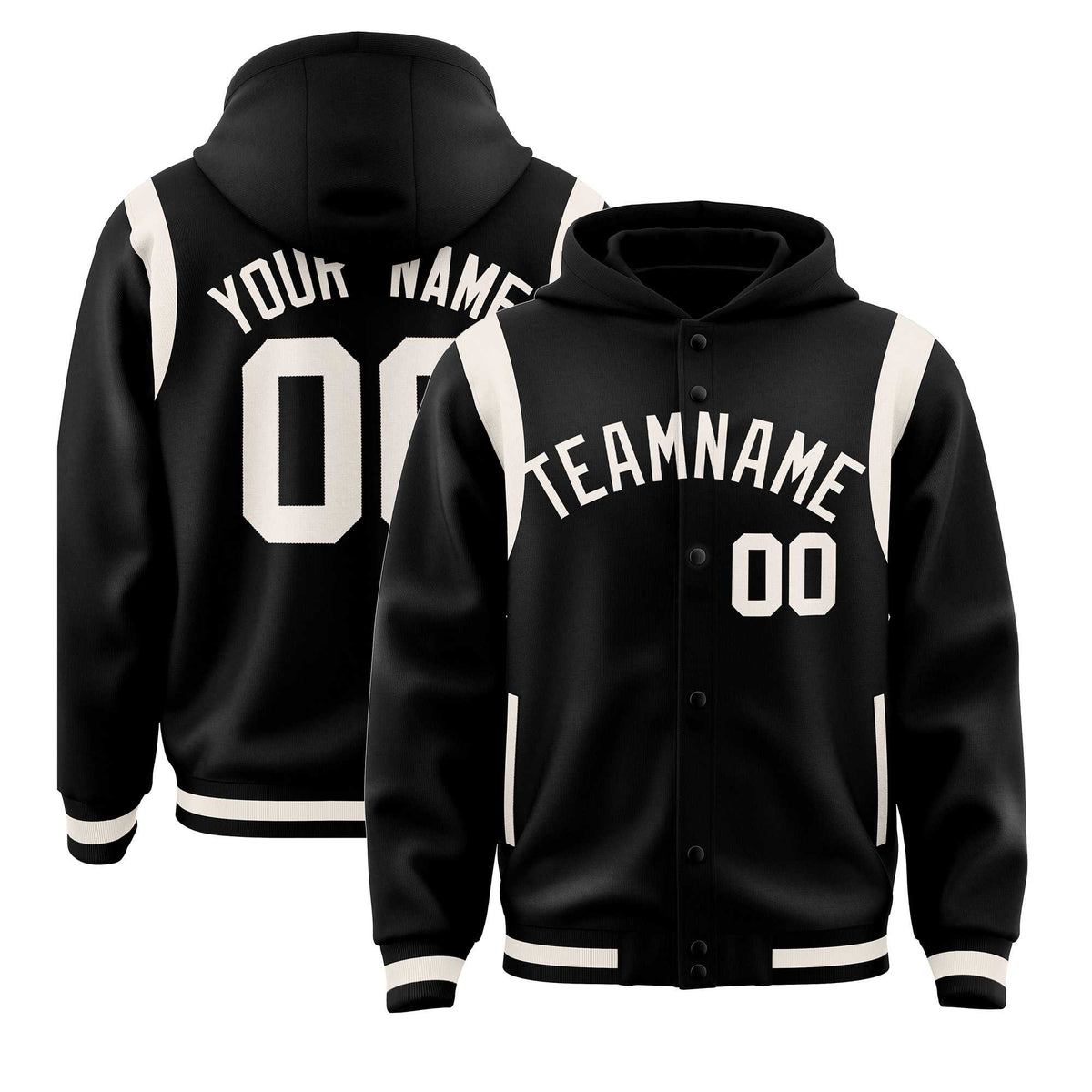 Custom Black Cream Varsity Full-Snap Letterman Shoulder Color Block Jacket Hoodie| KXKSHOP