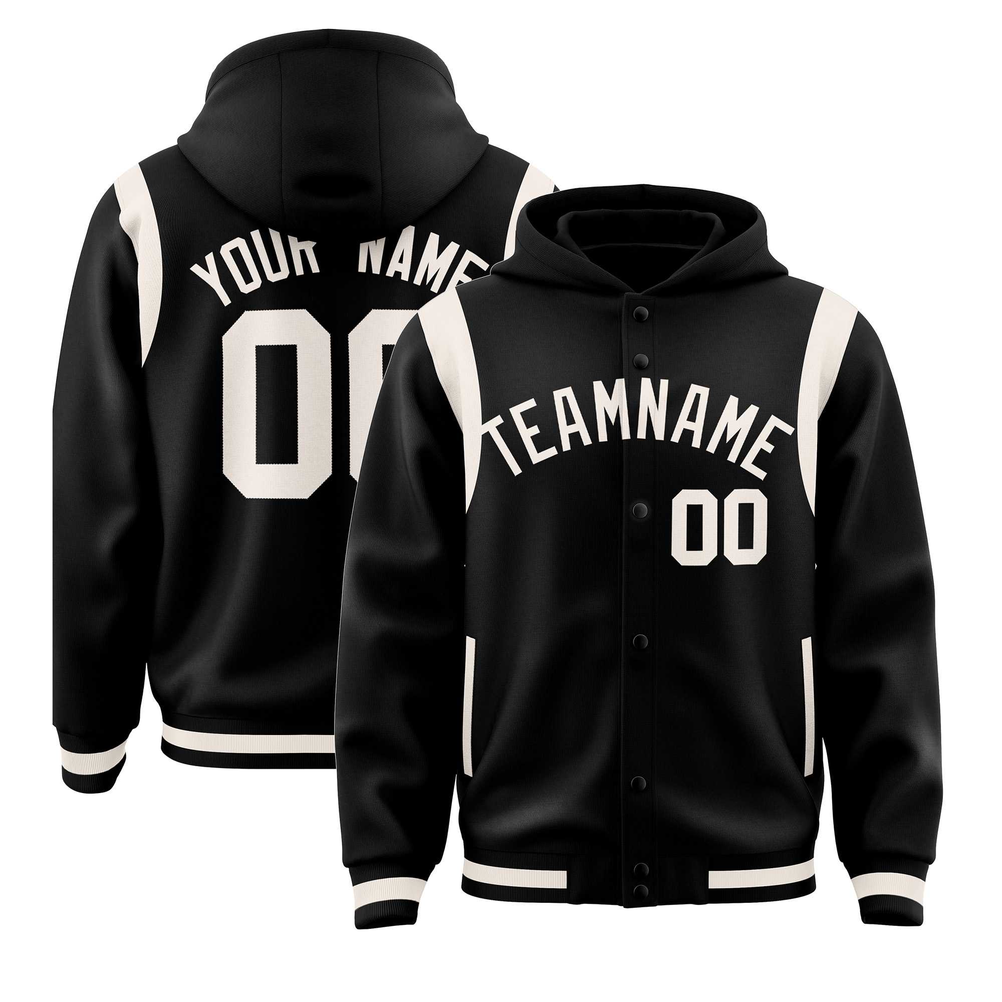 Custom Black Cream Varsity Full-Snap Letterman Shoulder Color Block Jacket Hoodie| KXKSHOP