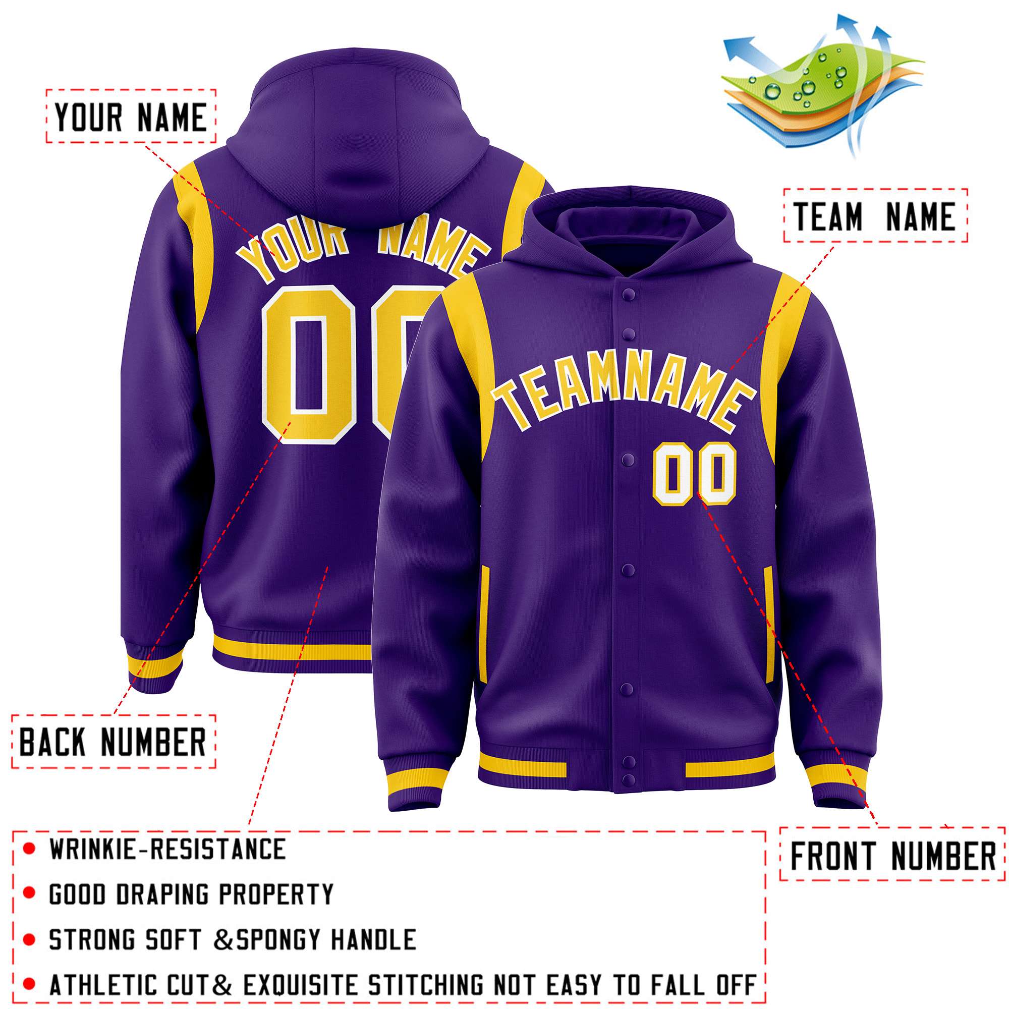 Custom Purple Gold Varsity Full-Snap Letterman Shoulder Color Block Jacket Hoodie| KXKSHOP
