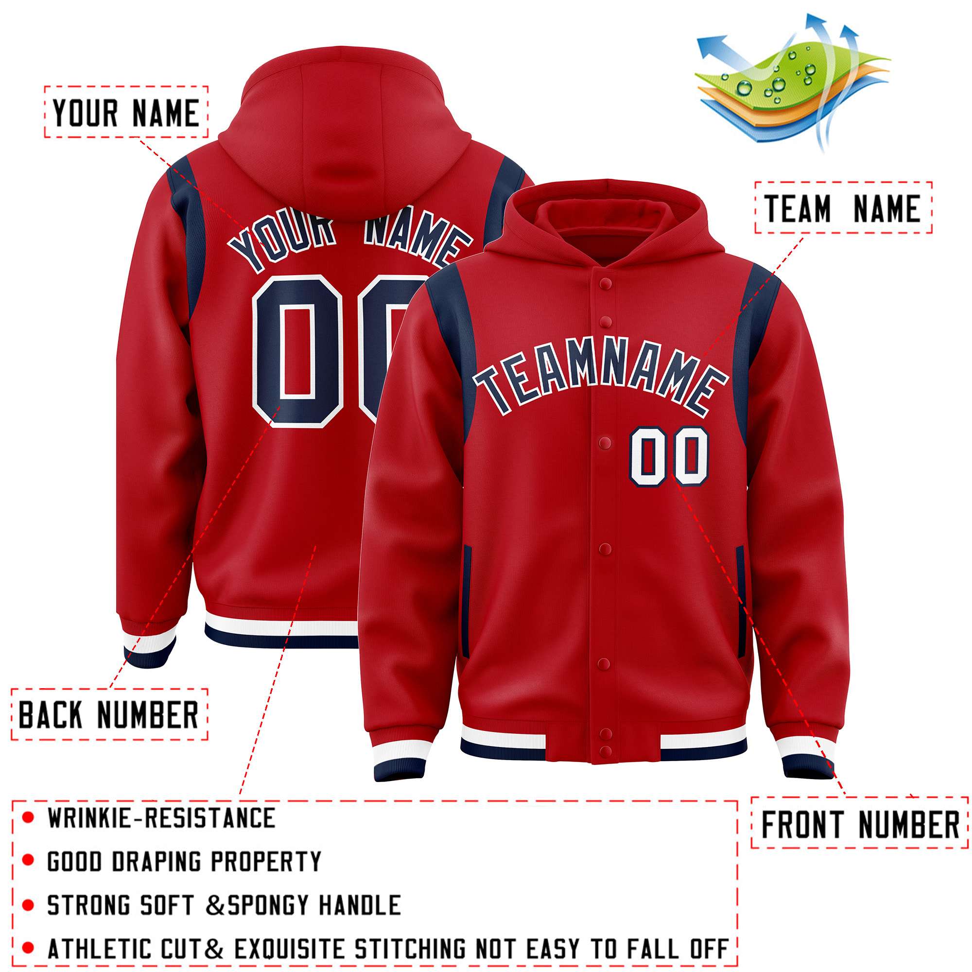 Custom Red Navy Varsity Full-Snap Letterman Shoulder Color Block Jacket Hoodie| KXKSHOP