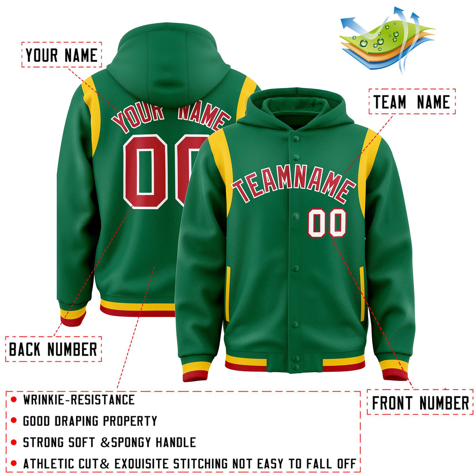 Custom Kelly Green Red Varsity Full-Snap Letterman Shoulder Color Block Jacket Hoodie| KXKSHOP