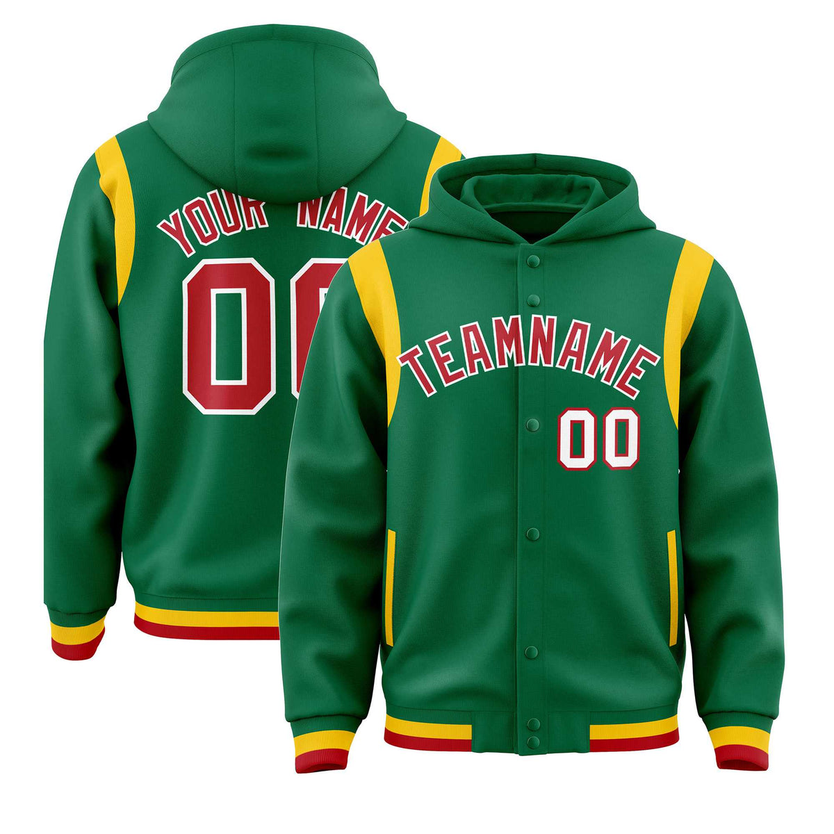 Custom Kelly Green Red Varsity Full-Snap Letterman Shoulder Color Block Jacket Hoodie| KXKSHOP
