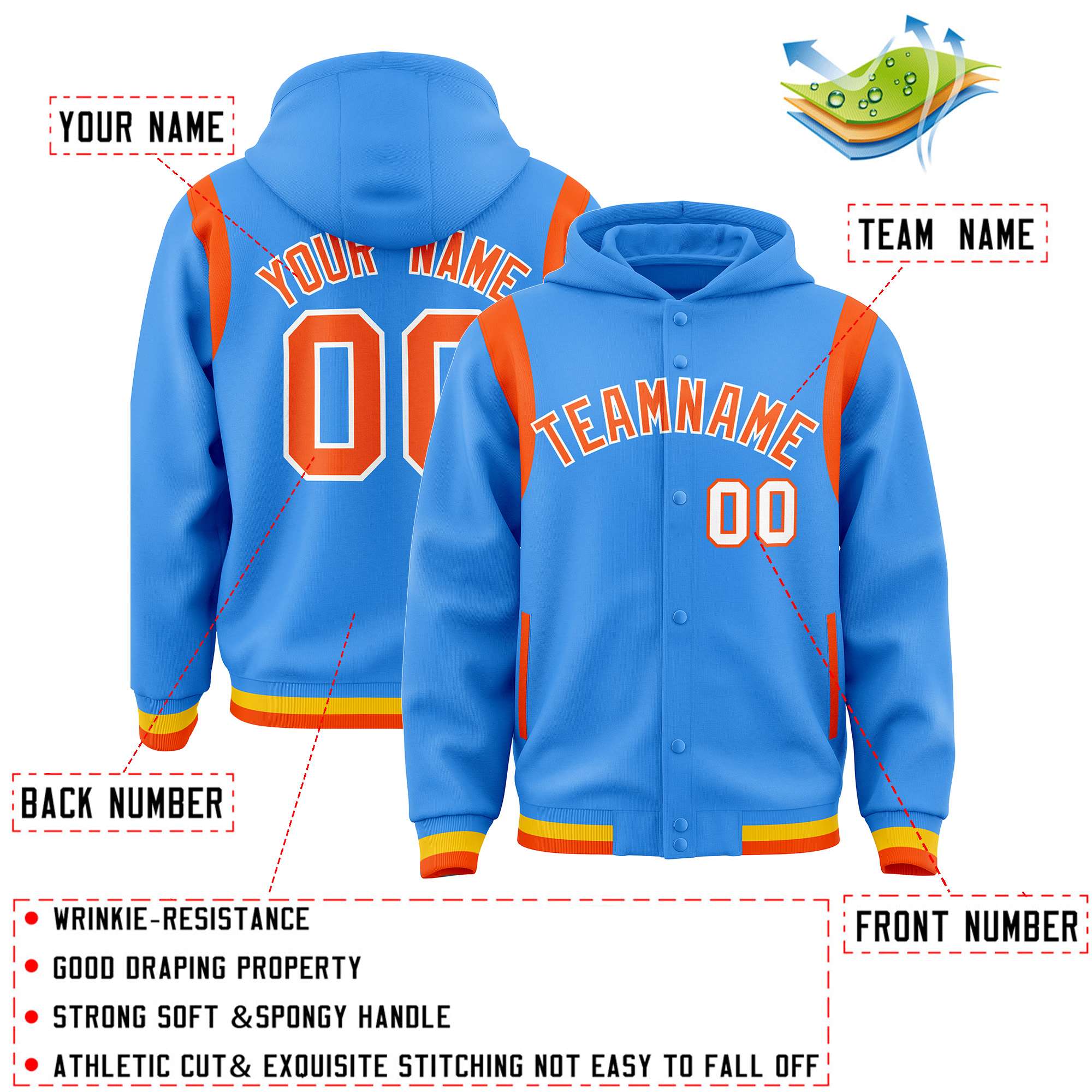 Custom Powder Blue Orange Varsity Full-Snap Letterman Shoulder Color Block Jacket Hoodie| KXKSHOP