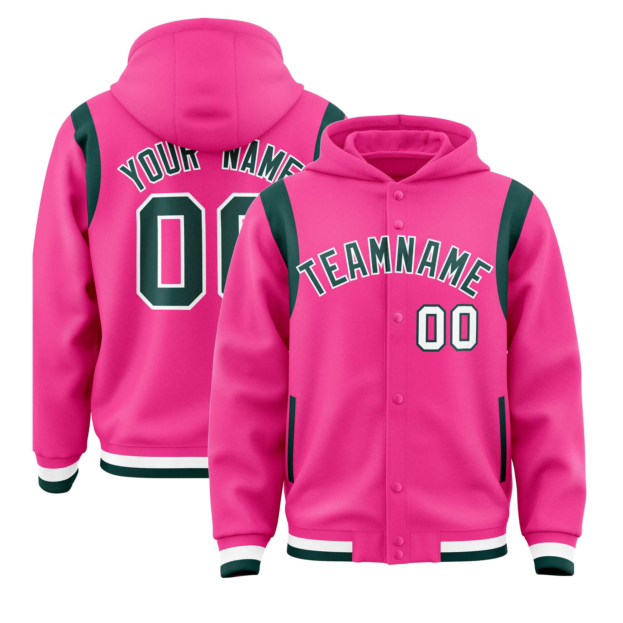 Custom Pink Midnight Green Varsity Full-Snap Letterman Shoulder Color Block Jacket Hoodie| KXKSHOP