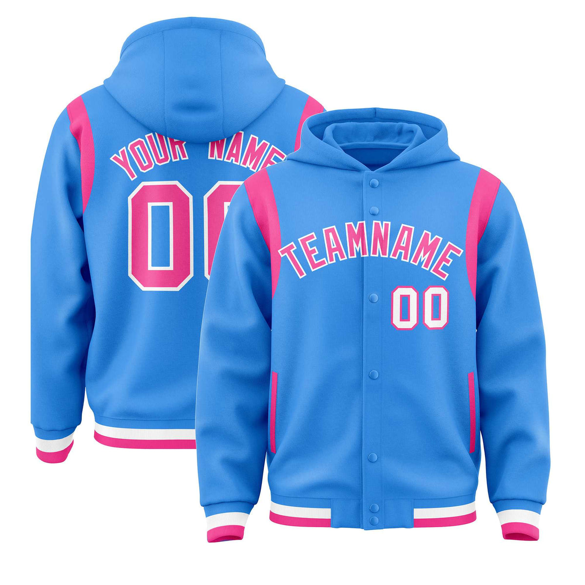 Custom Powder Blue Pink Varsity Full-Snap Letterman Shoulder Color Block Jacket Hoodie| KXKSHOP