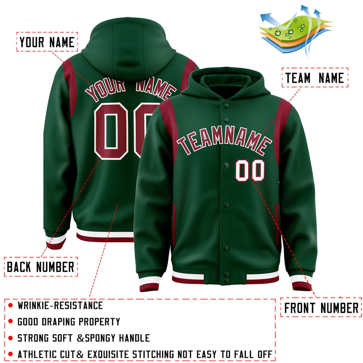 Custom Green Crimson Varsity Full-Snap Letterman Shoulder Color Block Jacket Hoodie| KXKSHOP