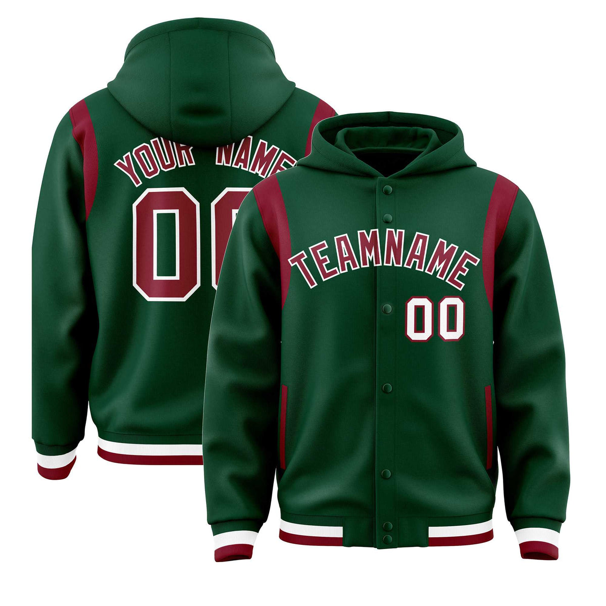 Custom Green Crimson Varsity Full-Snap Letterman Shoulder Color Block Jacket Hoodie| KXKSHOP