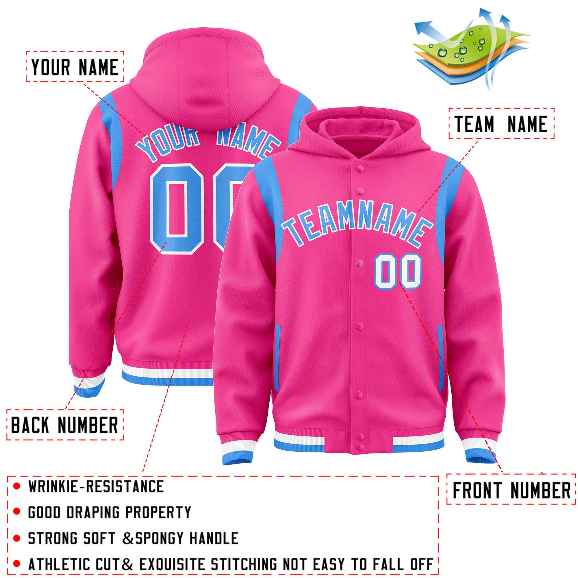 Custom Pink Powder Blue Varsity Full-Snap Letterman Shoulder Color Block Jacket Hoodie| KXKSHOP