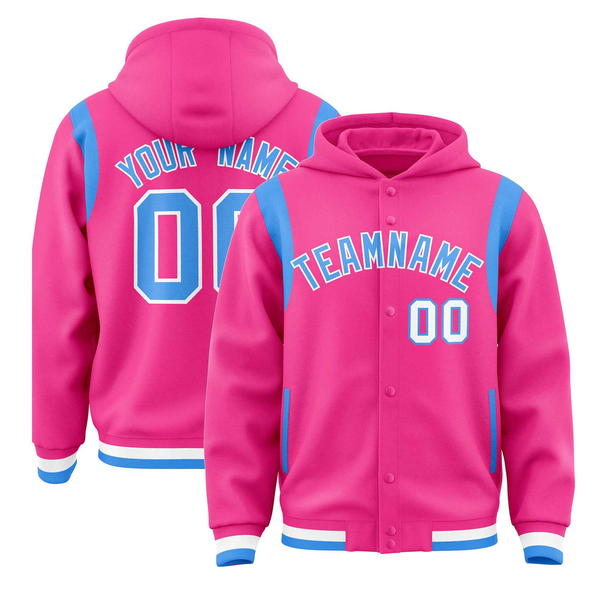 Custom Pink Powder Blue Varsity Full-Snap Letterman Shoulder Color Block Jacket Hoodie| KXKSHOP