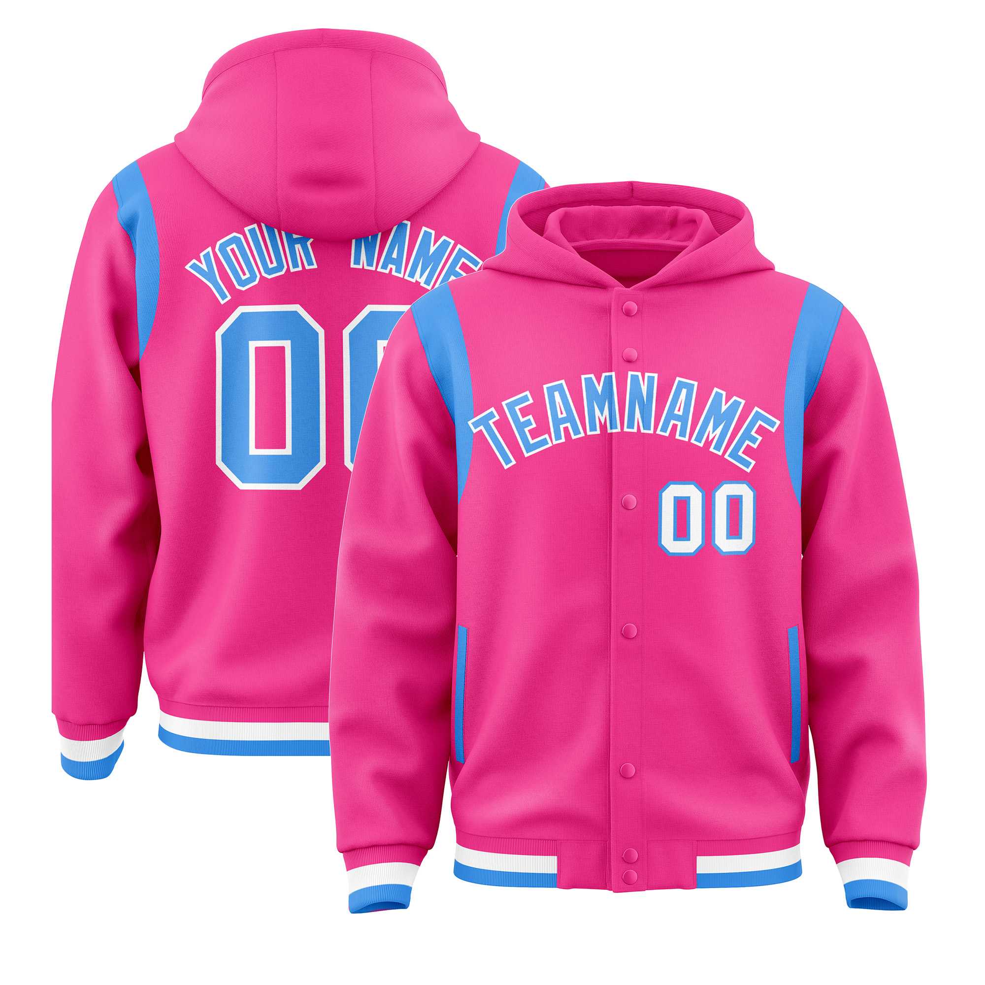 Custom Pink Powder Blue Varsity Full-Snap Letterman Shoulder Color Block Jacket Hoodie| KXKSHOP