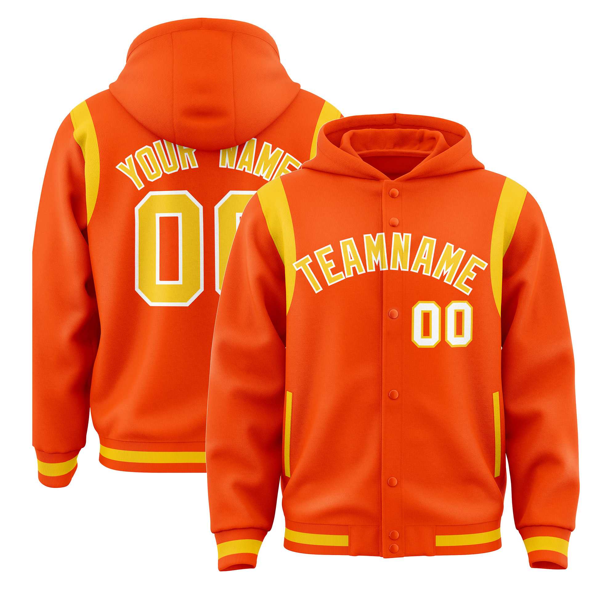 Custom Orange Gold Varsity Full-Snap Letterman Shoulder Color Block Jacket Hoodie| KXKSHOP