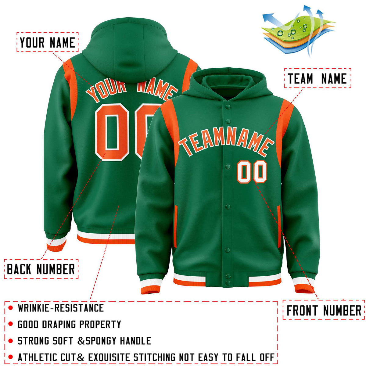 Custom Kelly Green Orange Varsity Full-Snap Letterman Shoulder Color Block Jacket Hoodie| KXKSHOP