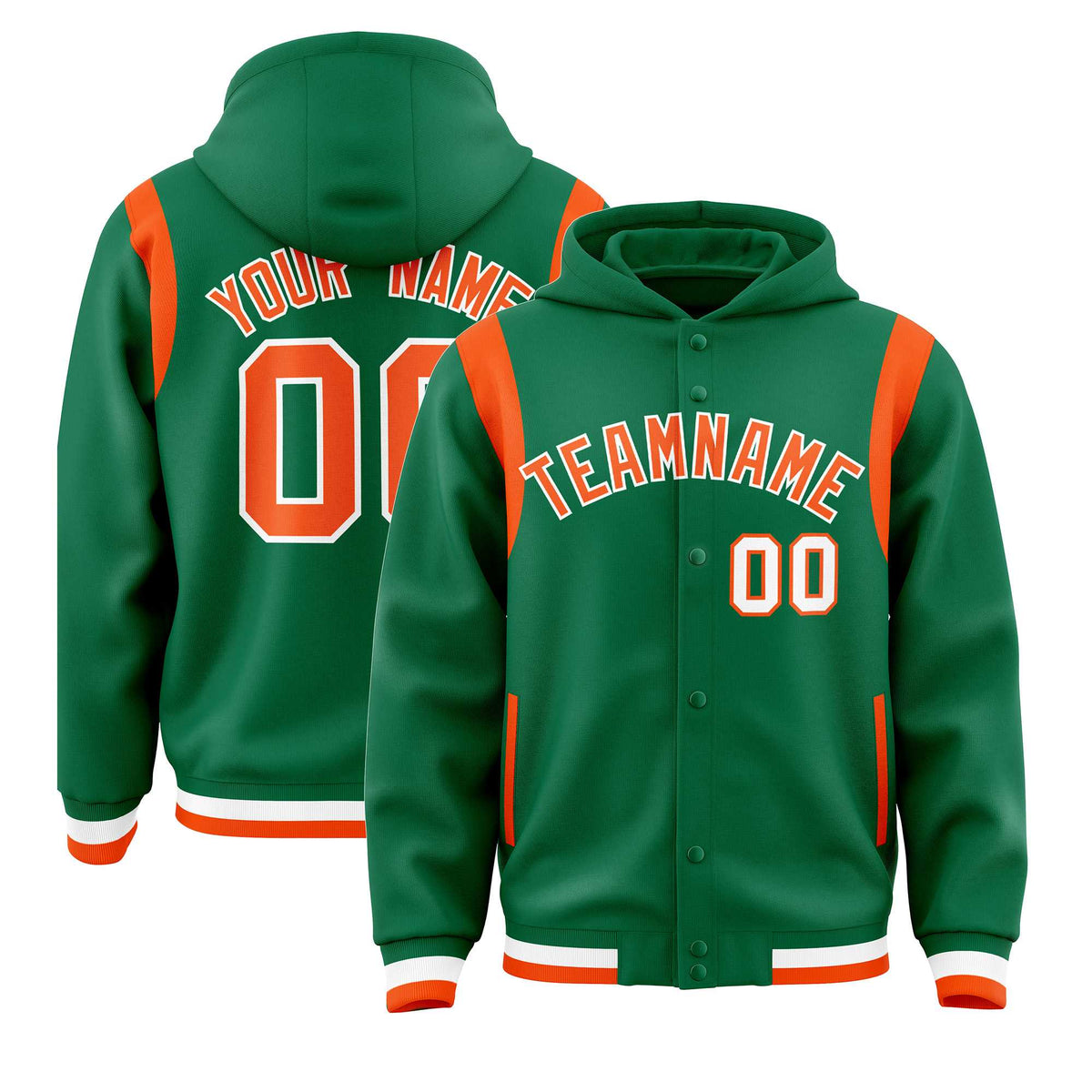 Custom Kelly Green Orange Varsity Full-Snap Letterman Shoulder Color Block Jacket Hoodie| KXKSHOP
