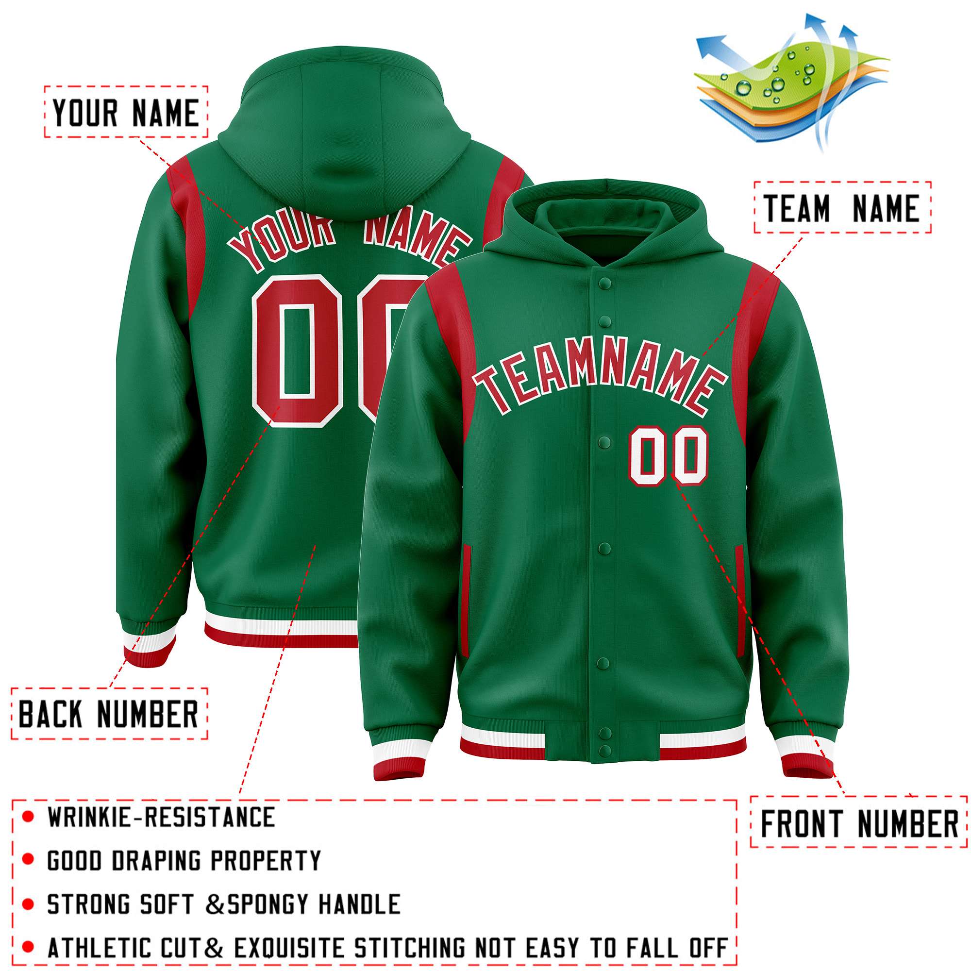 Custom Kelly Green Red Varsity Full-Snap Letterman Shoulder Color Block Jacket Hoodie| KXKSHOP