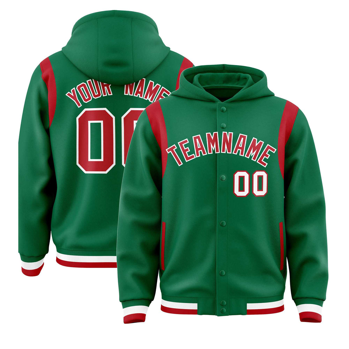 Custom Kelly Green Red Varsity Full-Snap Letterman Shoulder Color Block Jacket Hoodie| KXKSHOP