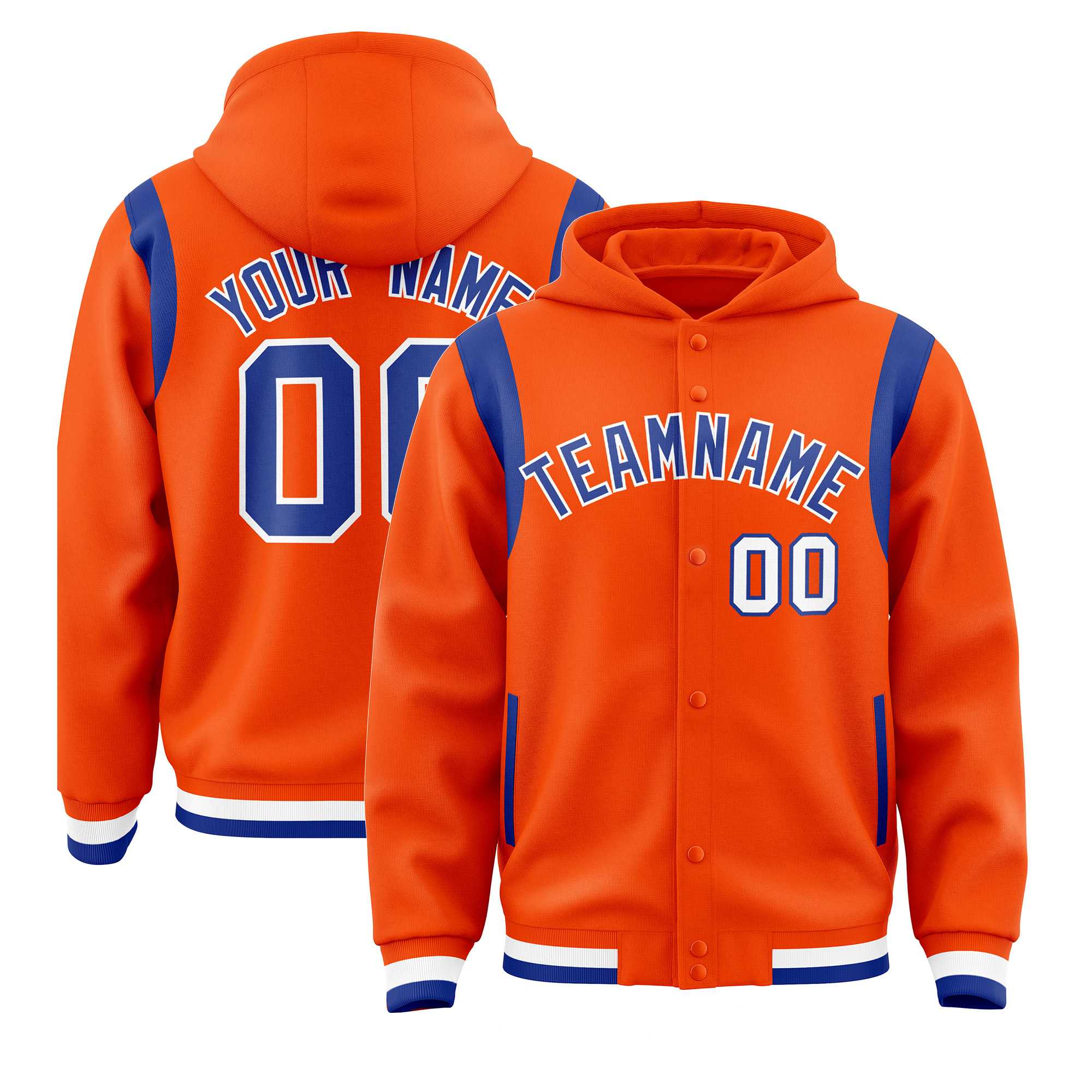 Custom Orange Royal Varsity Full-Snap Letterman Shoulder Color Block Jacket Hoodie| KXKSHOP