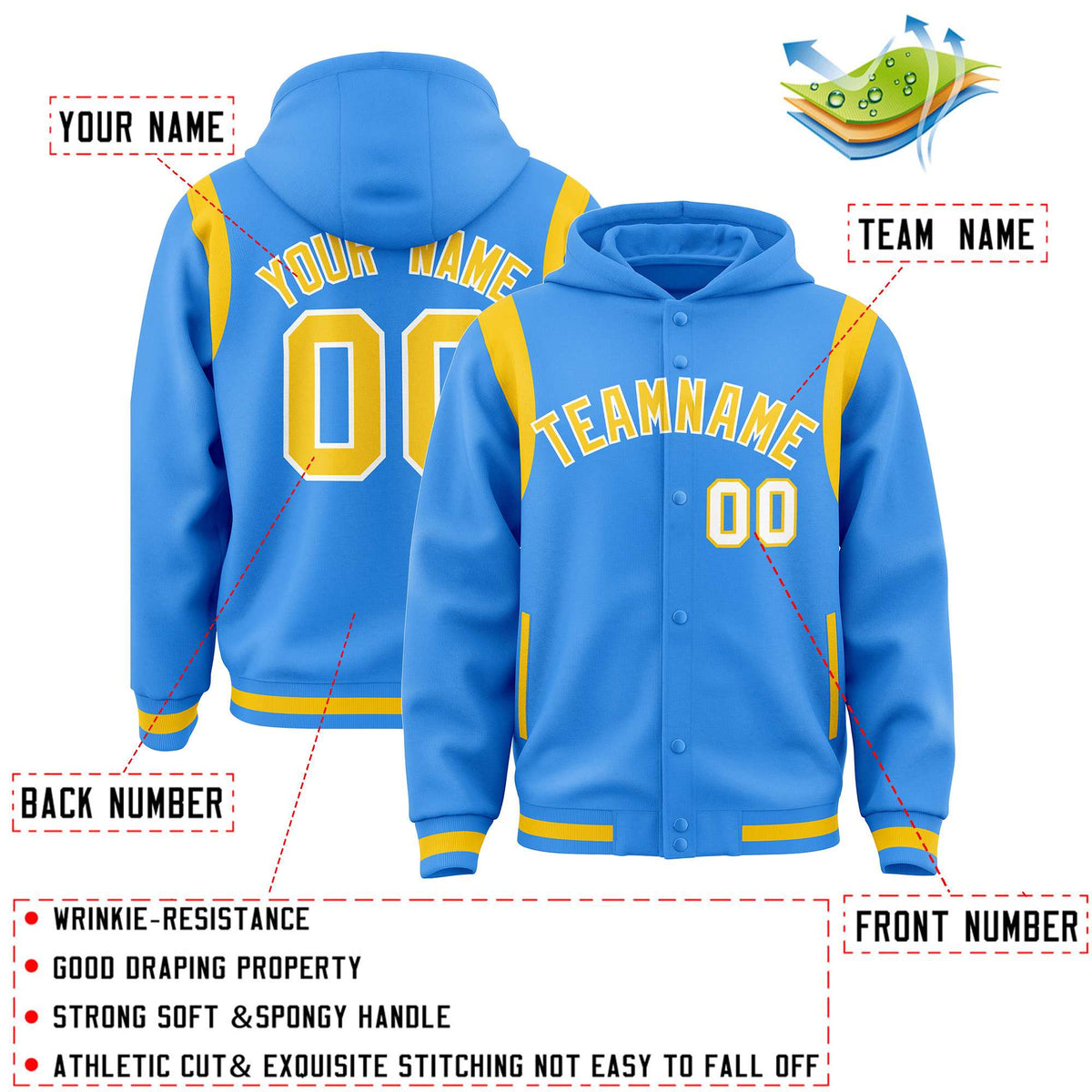 Custom Powder Blue Gold Varsity Full-Snap Letterman Shoulder Color Block Jacket Hoodie| KXKSHOP