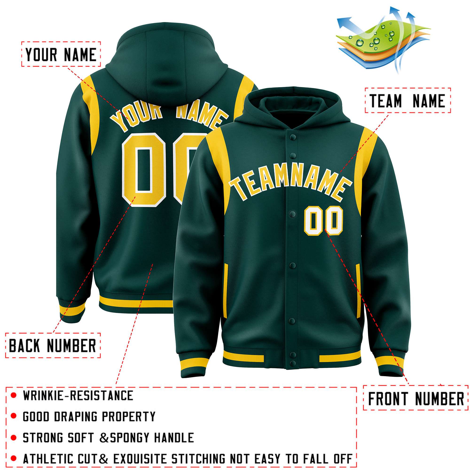 Custom Midnight Green Gold Varsity Full-Snap Letterman Shoulder Color Block Jacket Hoodie| KXKSHOP