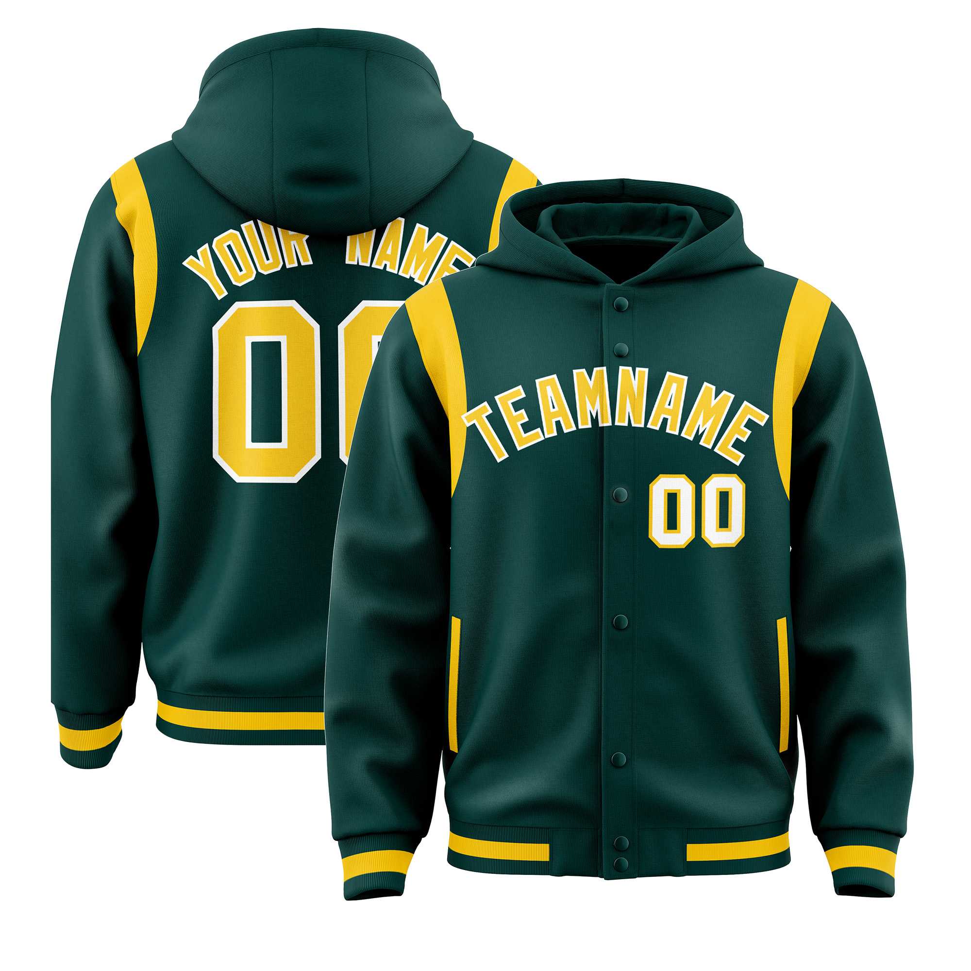 Custom Midnight Green Gold Varsity Full-Snap Letterman Shoulder Color Block Jacket Hoodie| KXKSHOP