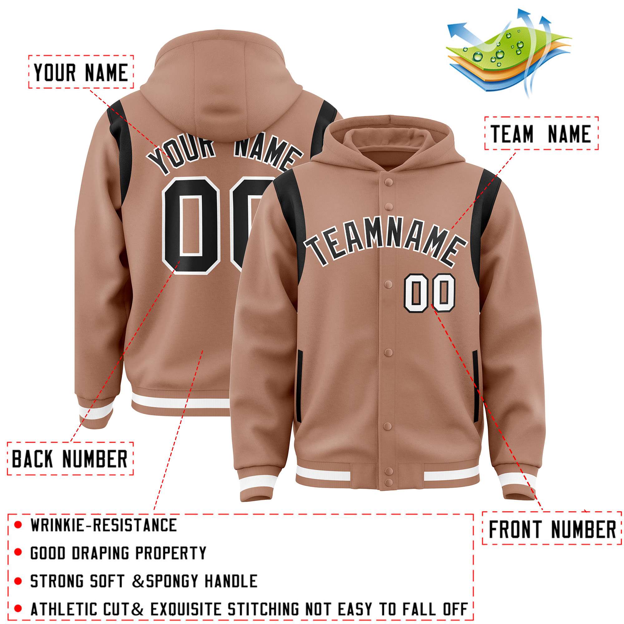 Custom Coffee Brown Black Varsity Full-Snap Letterman Shoulder Color Block Jacket Hoodie| KXKSHOP