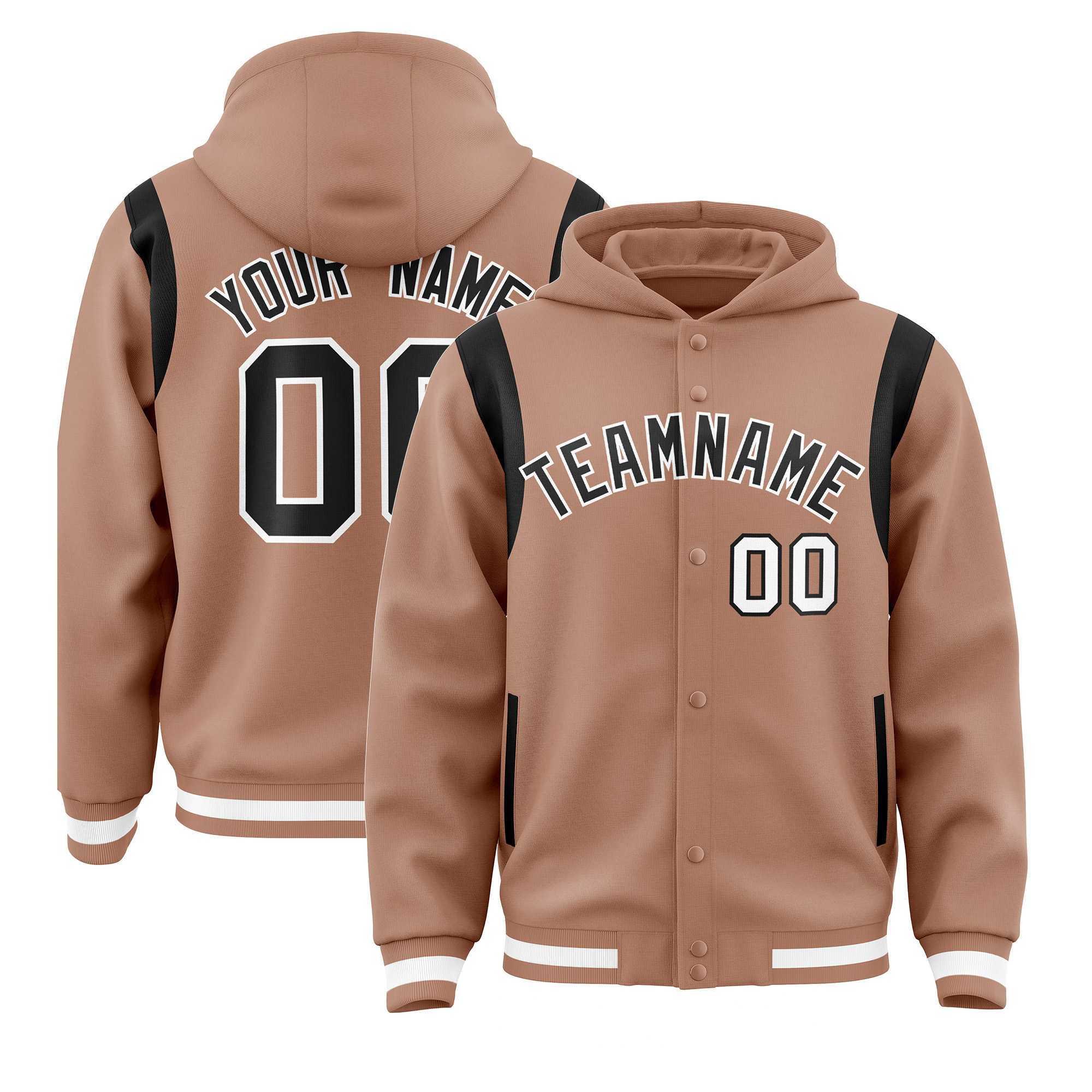 Custom Coffee Brown Black Varsity Full-Snap Letterman Shoulder Color Block Jacket Hoodie| KXKSHOP