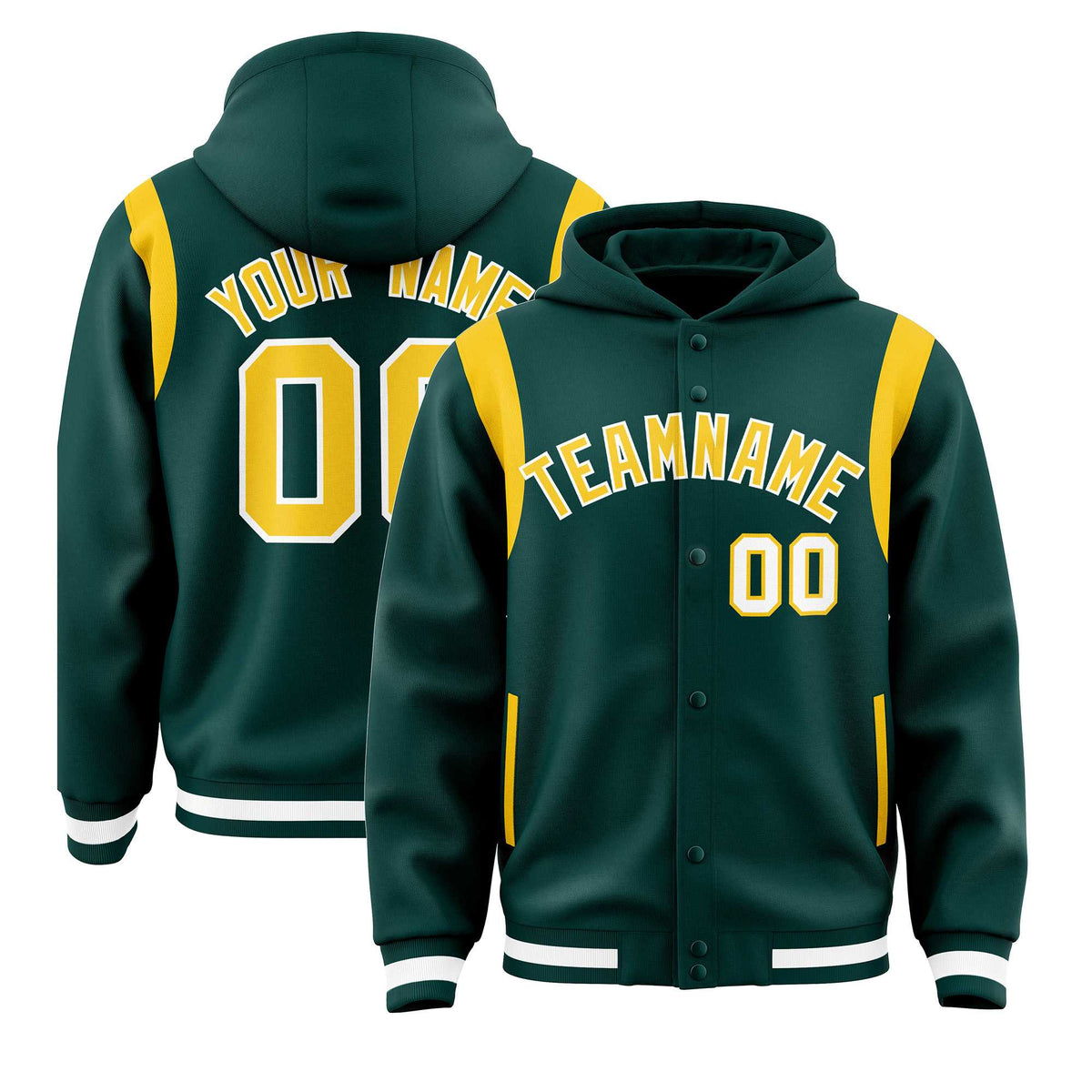 Custom Midnight Green Gold Varsity Full-Snap Letterman Shoulder Color Block Jacket Hoodie| KXKSHOP