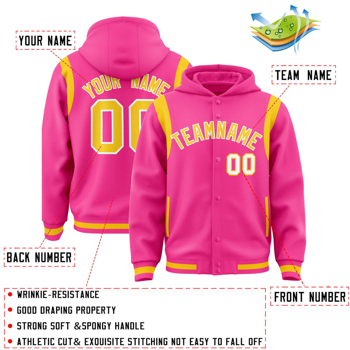 Custom Pink Gold Varsity Full-Snap Letterman Shoulder Color Block Jacket Hoodie| KXKSHOP