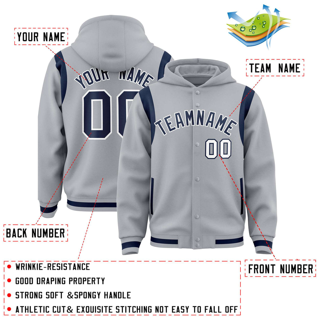 Custom Silver Navy Varsity Full-Snap Letterman Shoulder Color Block Jacket Hoodie| KXKSHOP