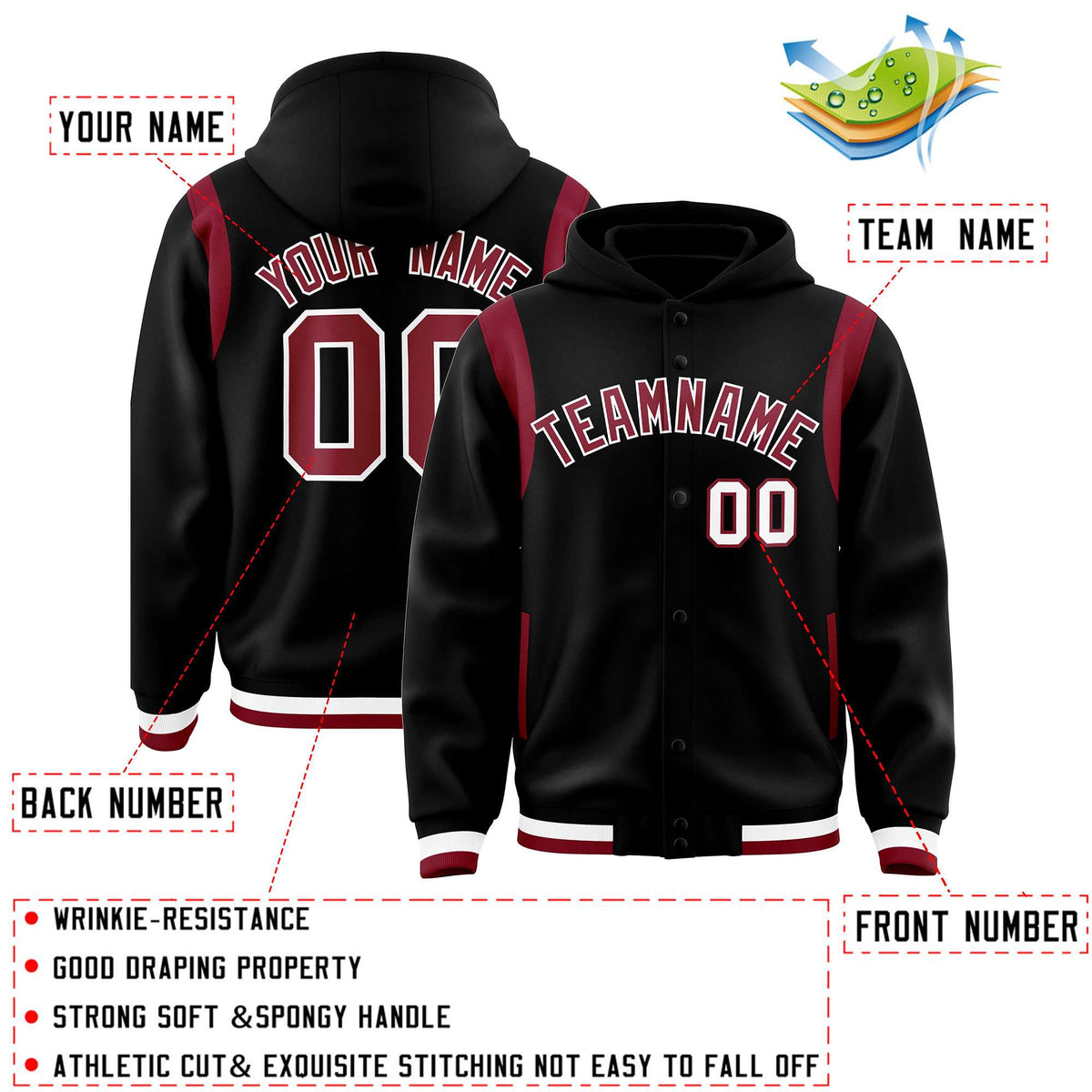 Custom Black Crimson Varsity Full-Snap Letterman Shoulder Color Block Jacket Hoodie| KXKSHOP