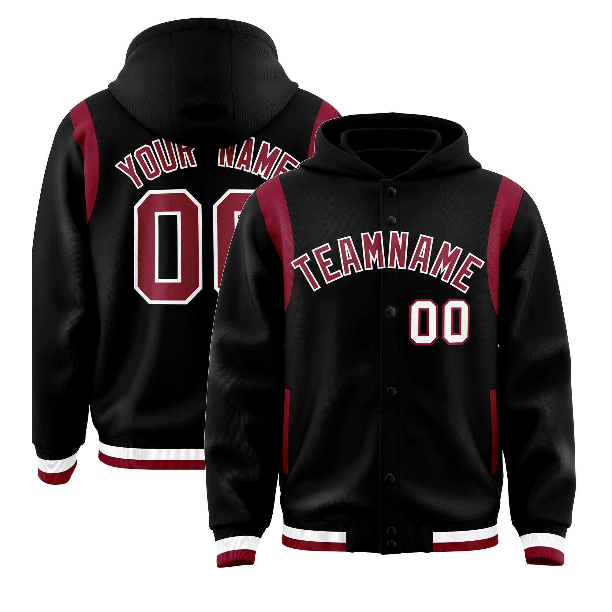 Custom Black Crimson Varsity Full-Snap Letterman Shoulder Color Block Jacket Hoodie| KXKSHOP