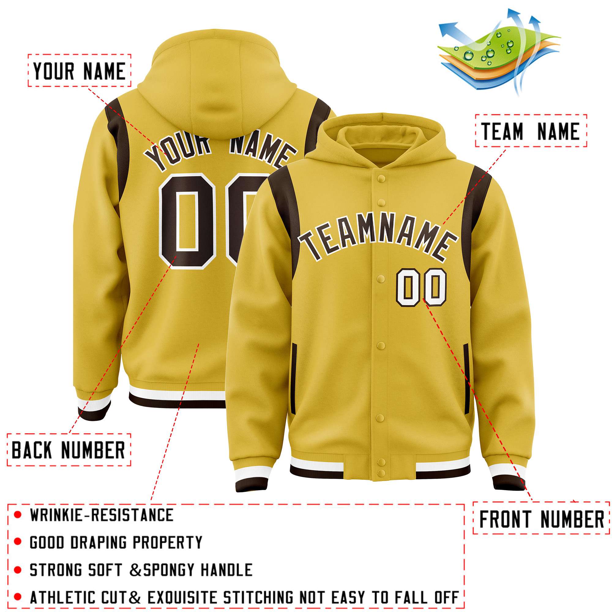 Custom Old Gold Brown Varsity Full-Snap Letterman Shoulder Color Block Jacket Hoodie| KXKSHOP
