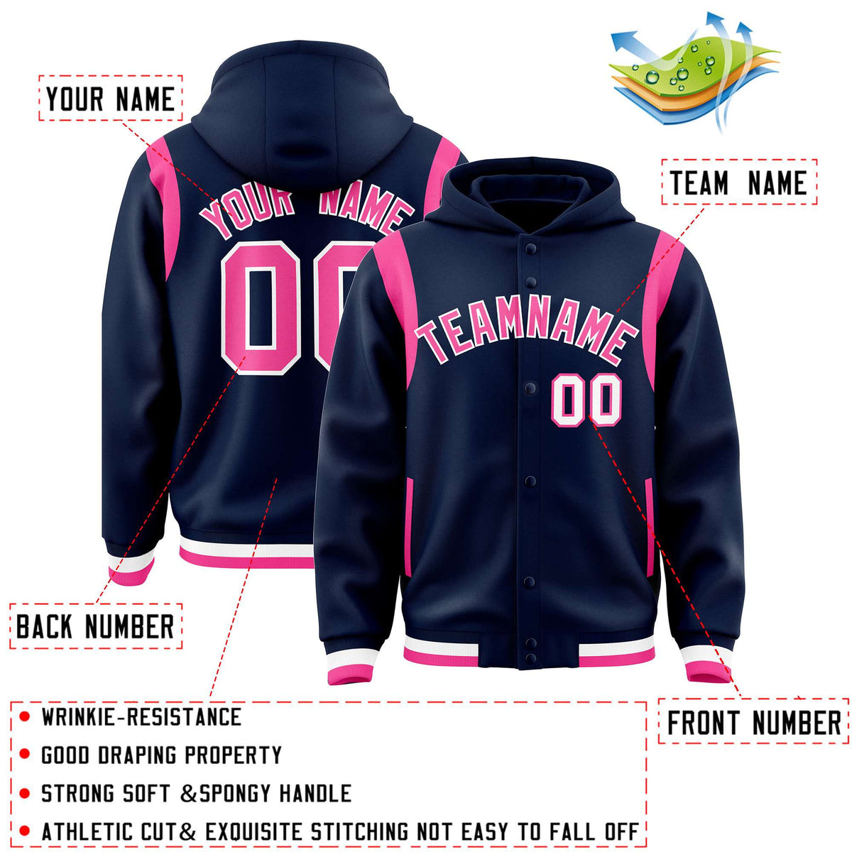 Custom Navy Pink Varsity Full-Snap Letterman Shoulder Color Block Jacket Hoodie| KXKSHOP